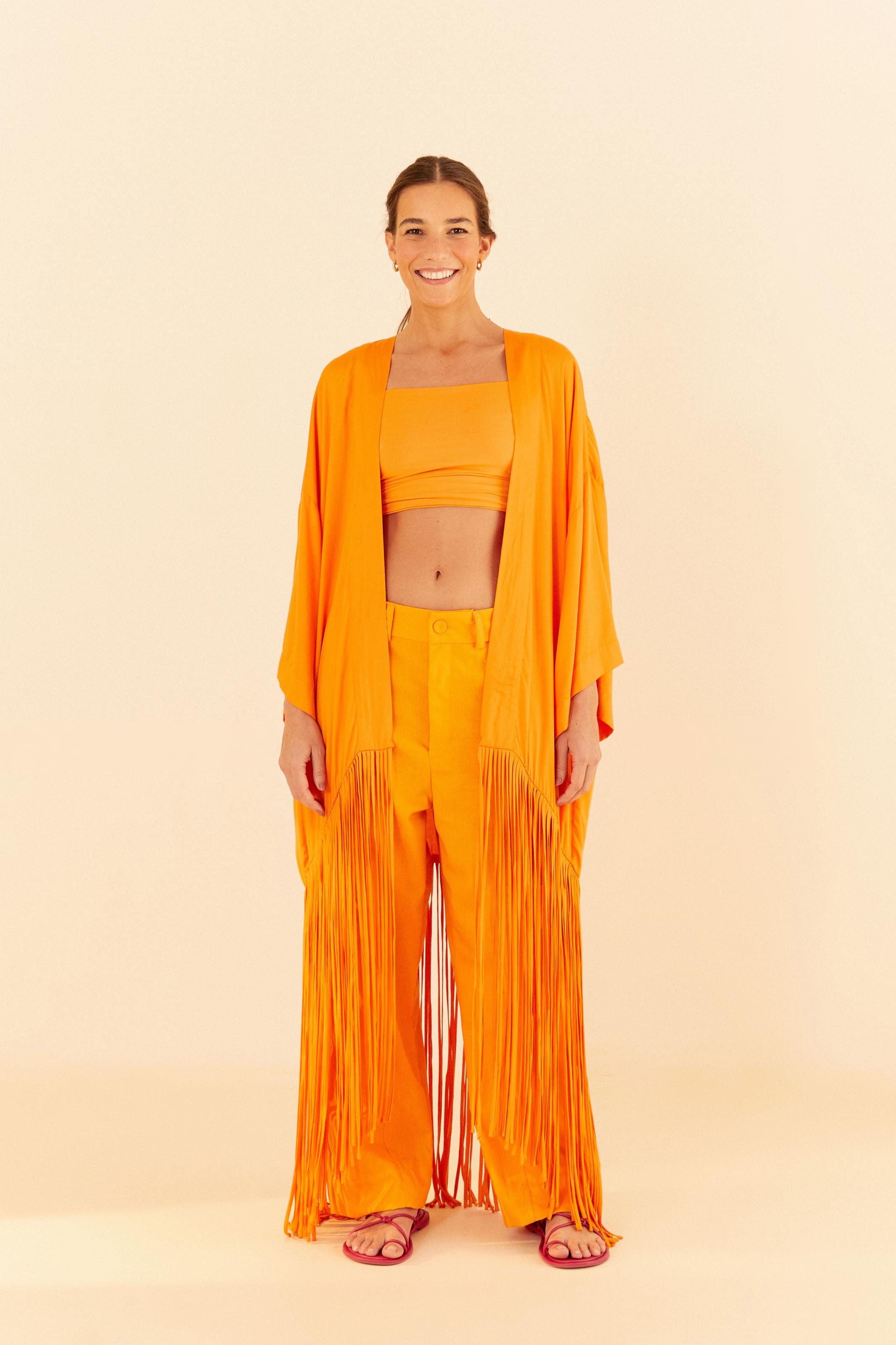 Maxi Kimono Cetim Franjas