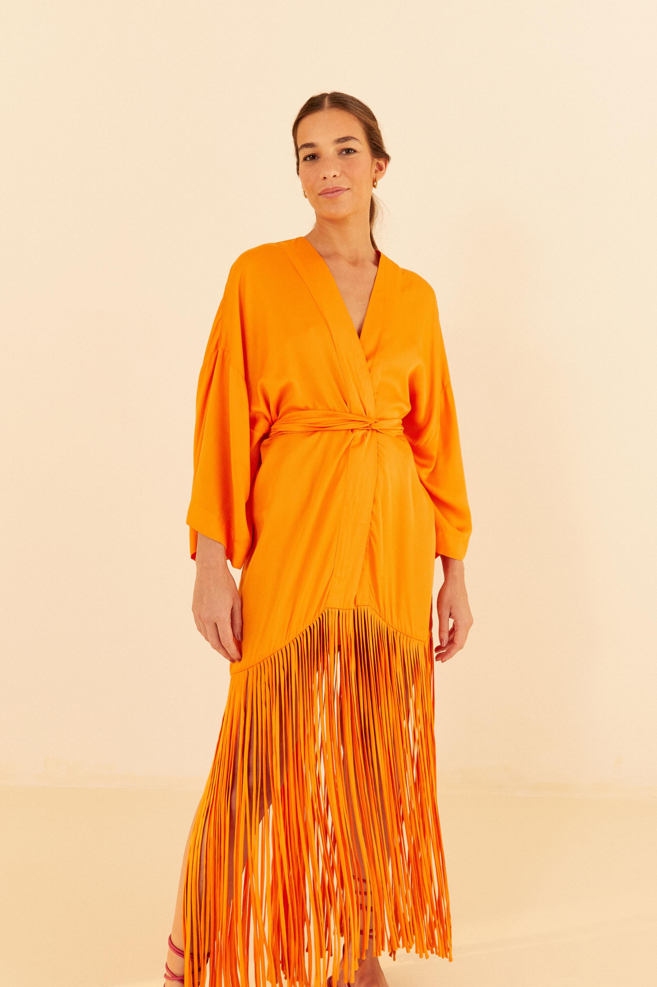 Maxi Kimono Cetim Franjas