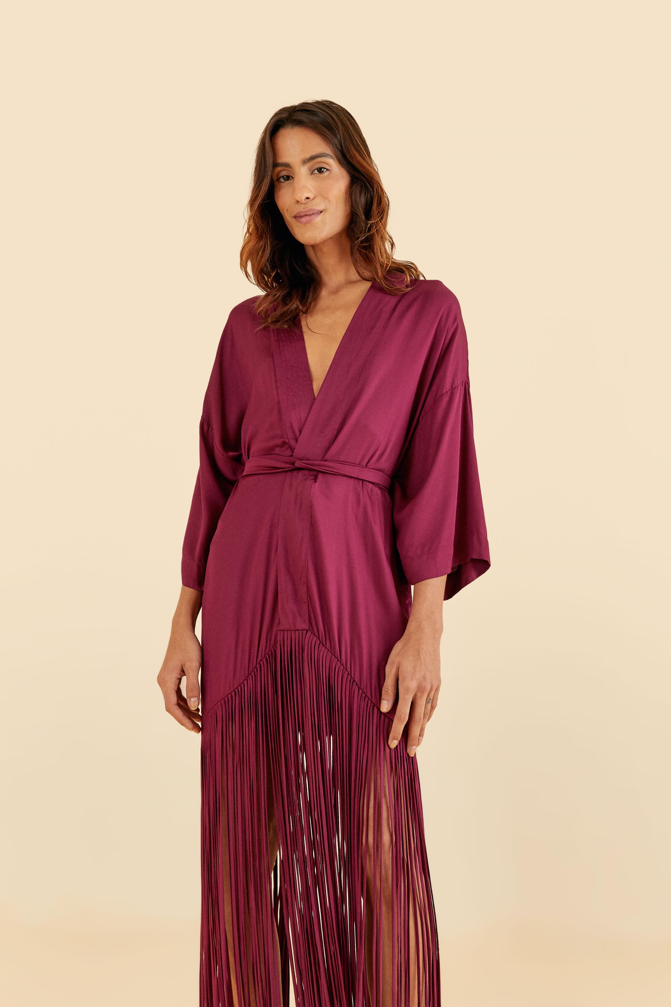 Maxi Kimono Cetim Franjas