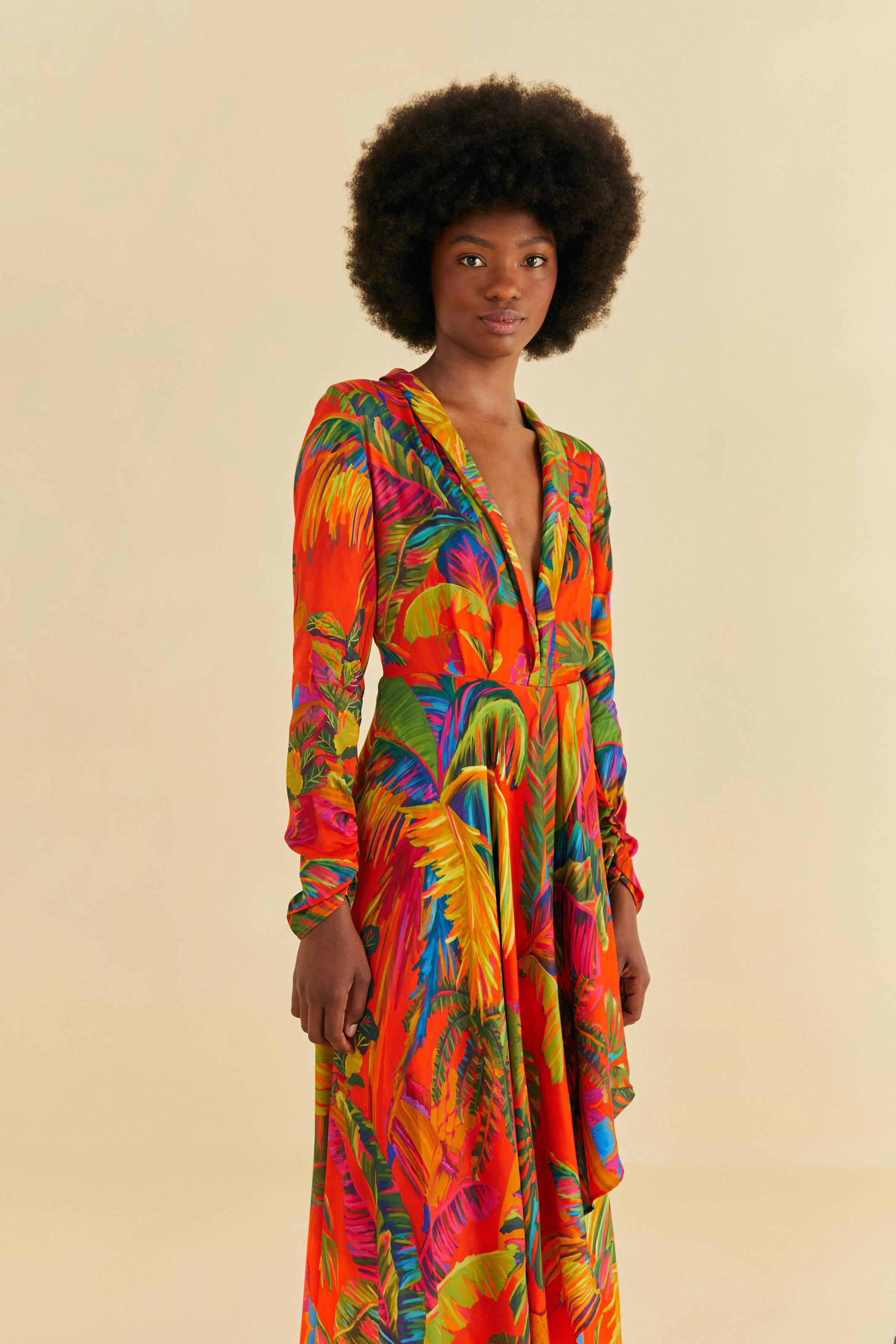Vestido Longo Manga Estampado Selva Urbana