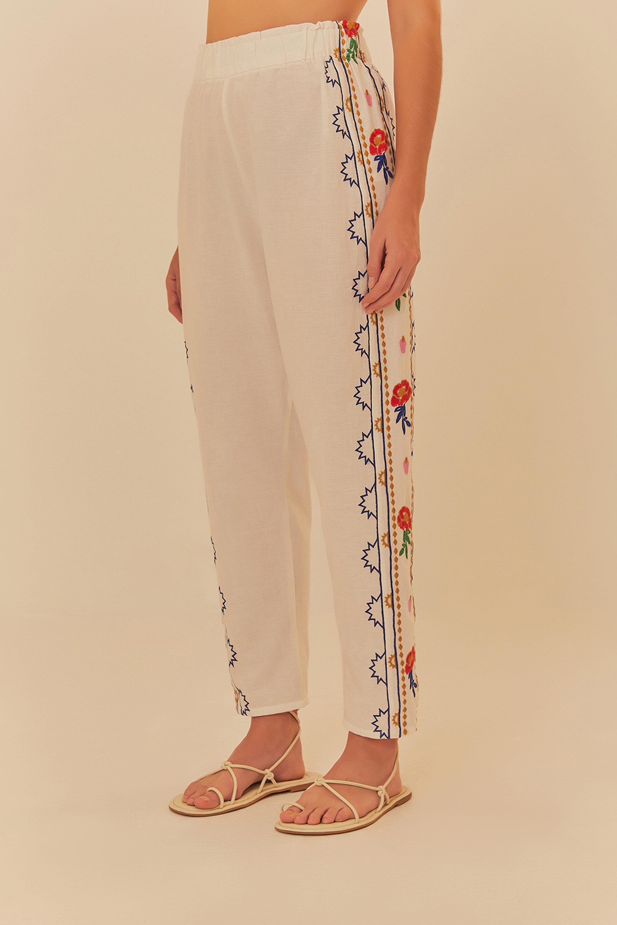 Calça Bordada Estampada Praia De Flor