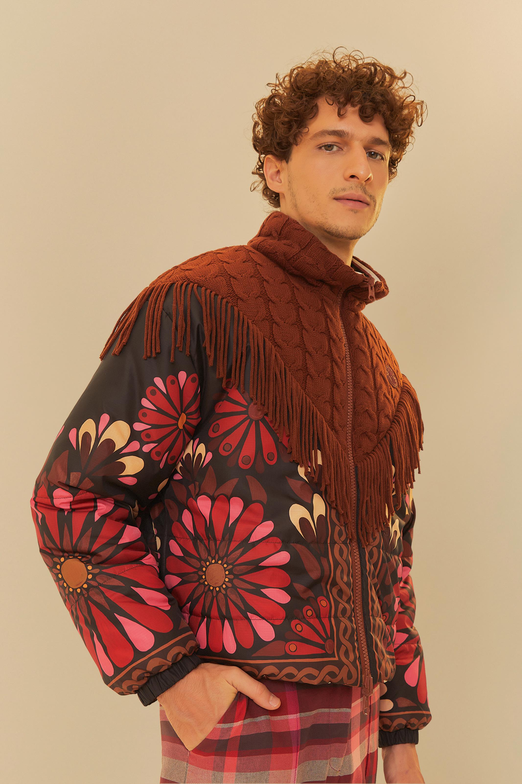 Jaqueta Puffer Tricô Crochê Reversível Estampada Florejo
