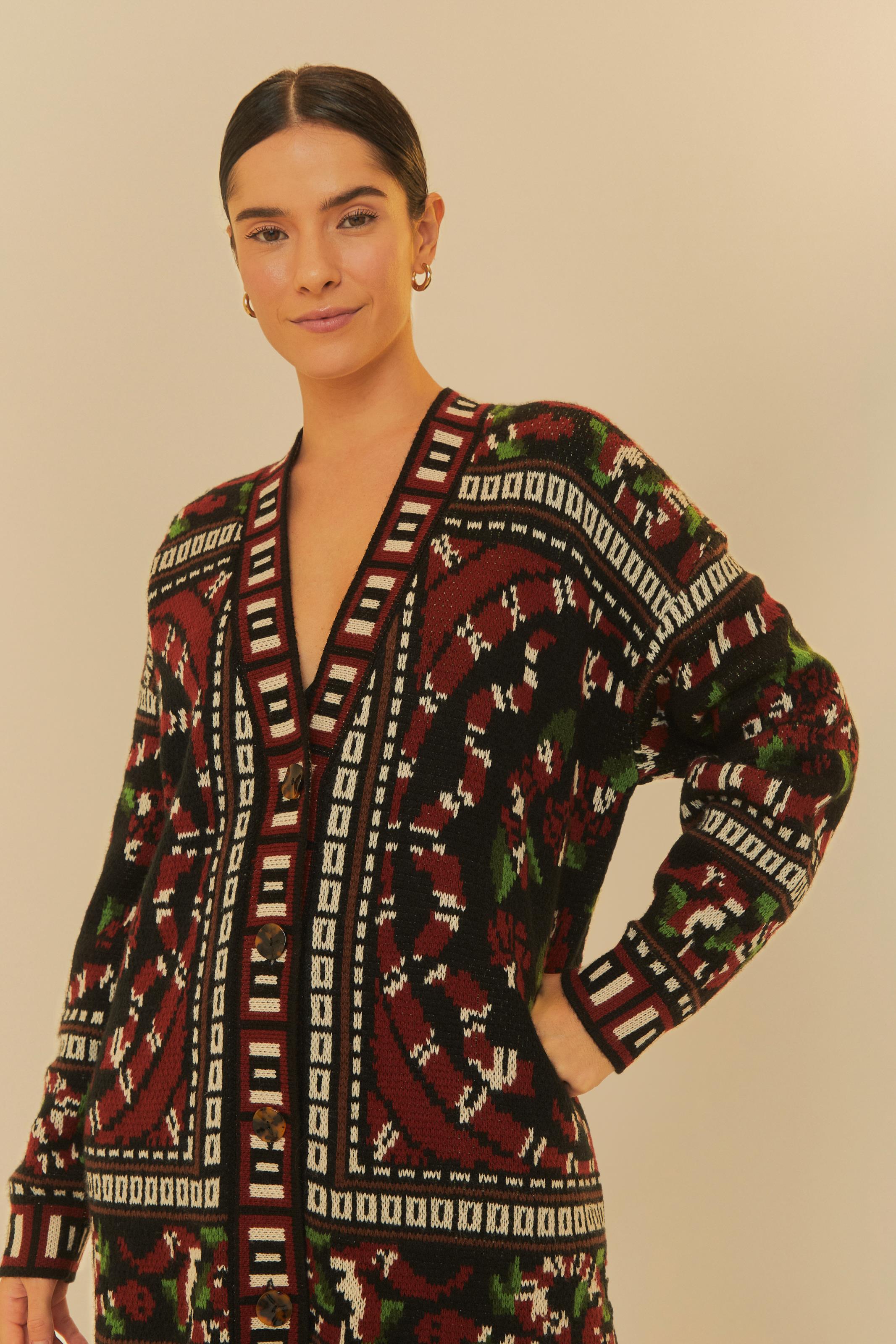 Cardigan Tricot Lenço Estampado Guaraná Coral
