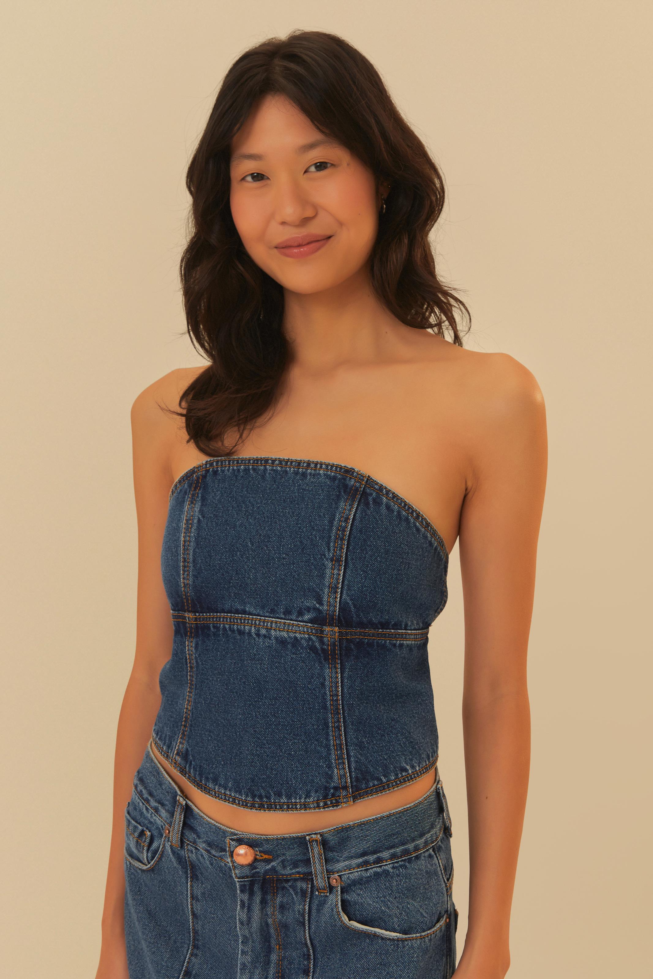 Corselet Jeans Sem Alça
