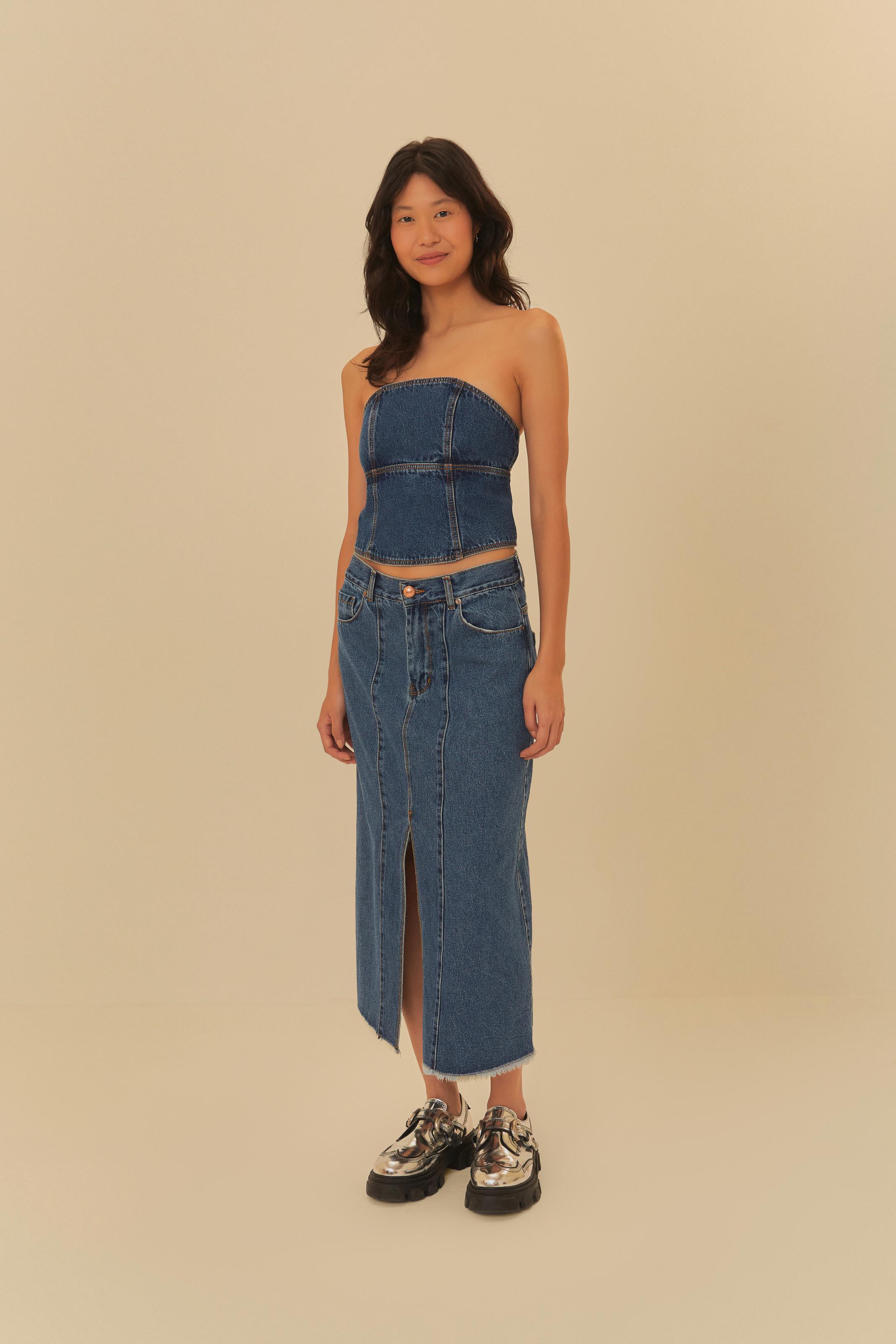 Corselet Jeans Sem Alça
