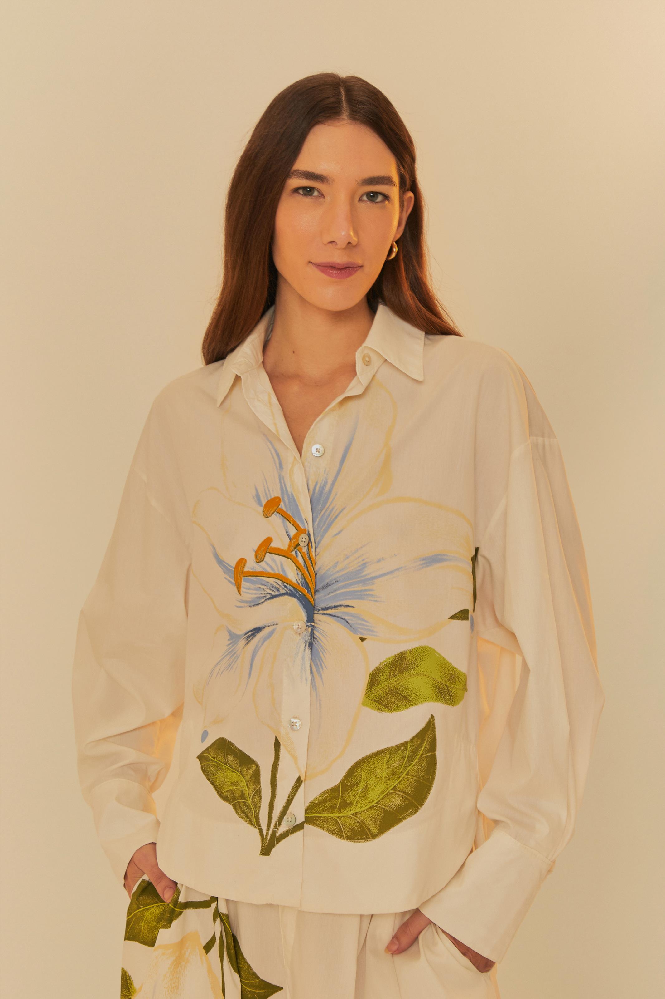 Camisa Estampada Flor Branca