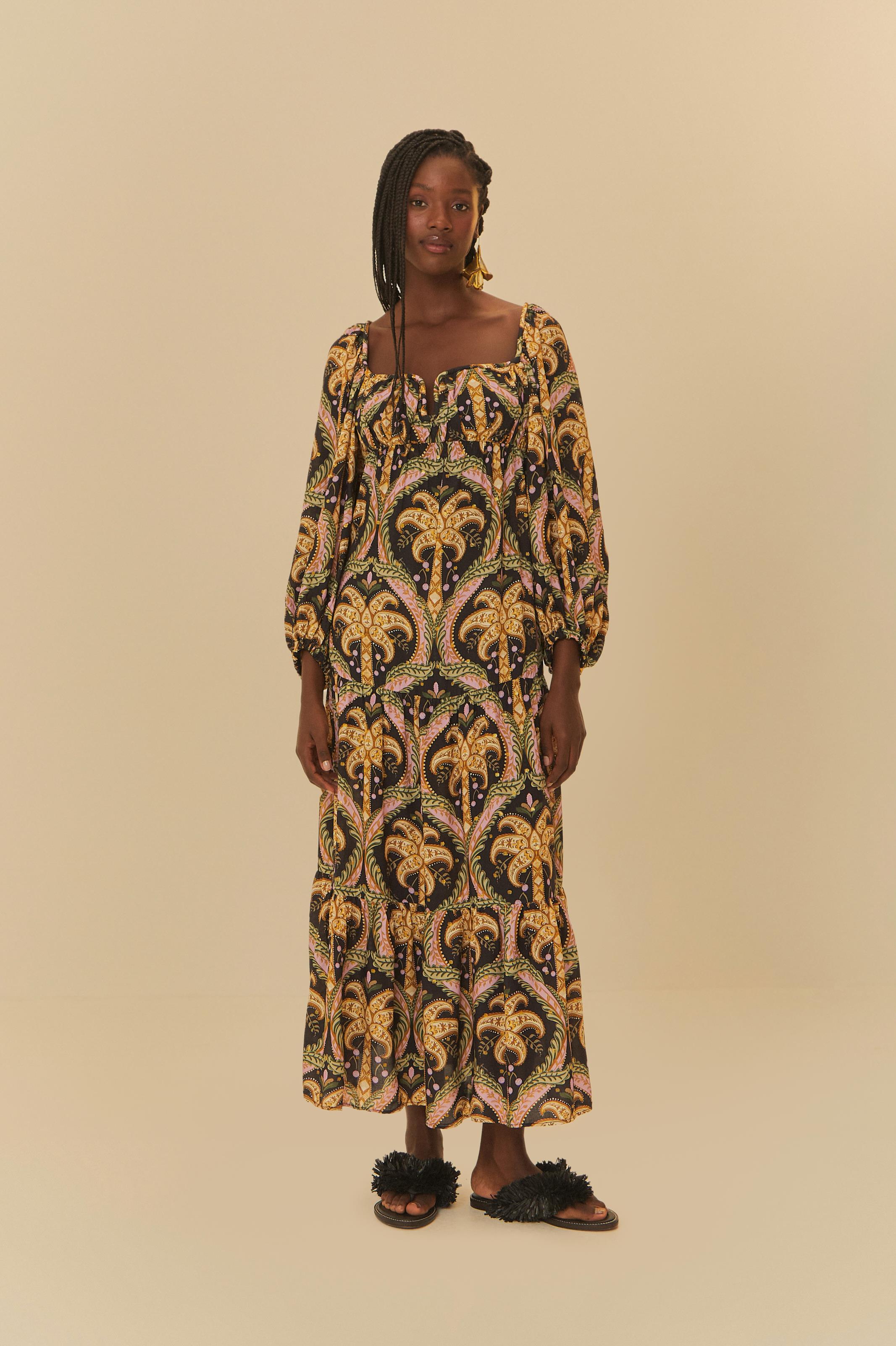 Vestido Longo Lurex Estampado Camafeu Tropical