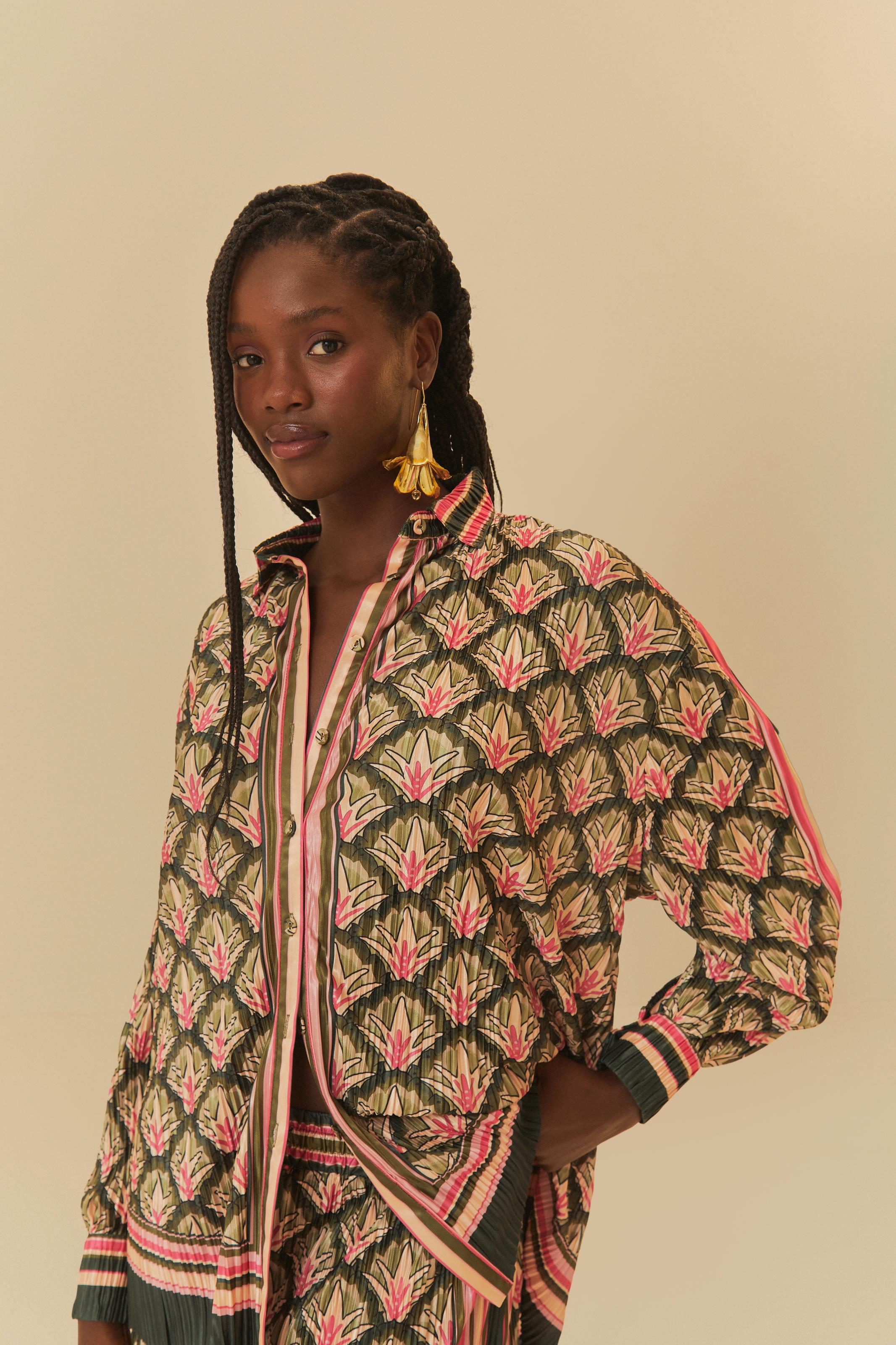 Camisa Plissada Estampada Tropicaxi