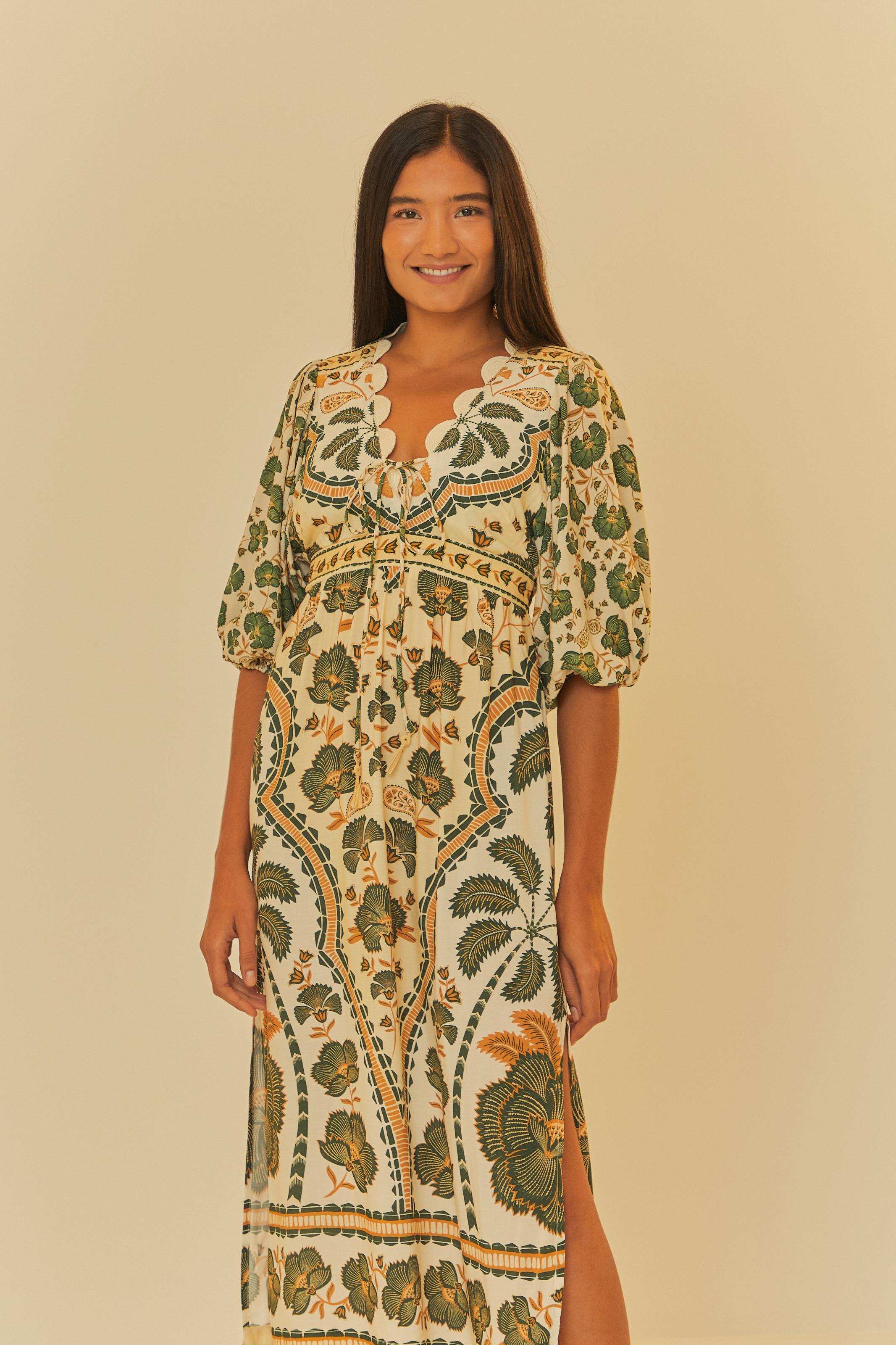 Vestido Midi Com Manga Estampado Riad