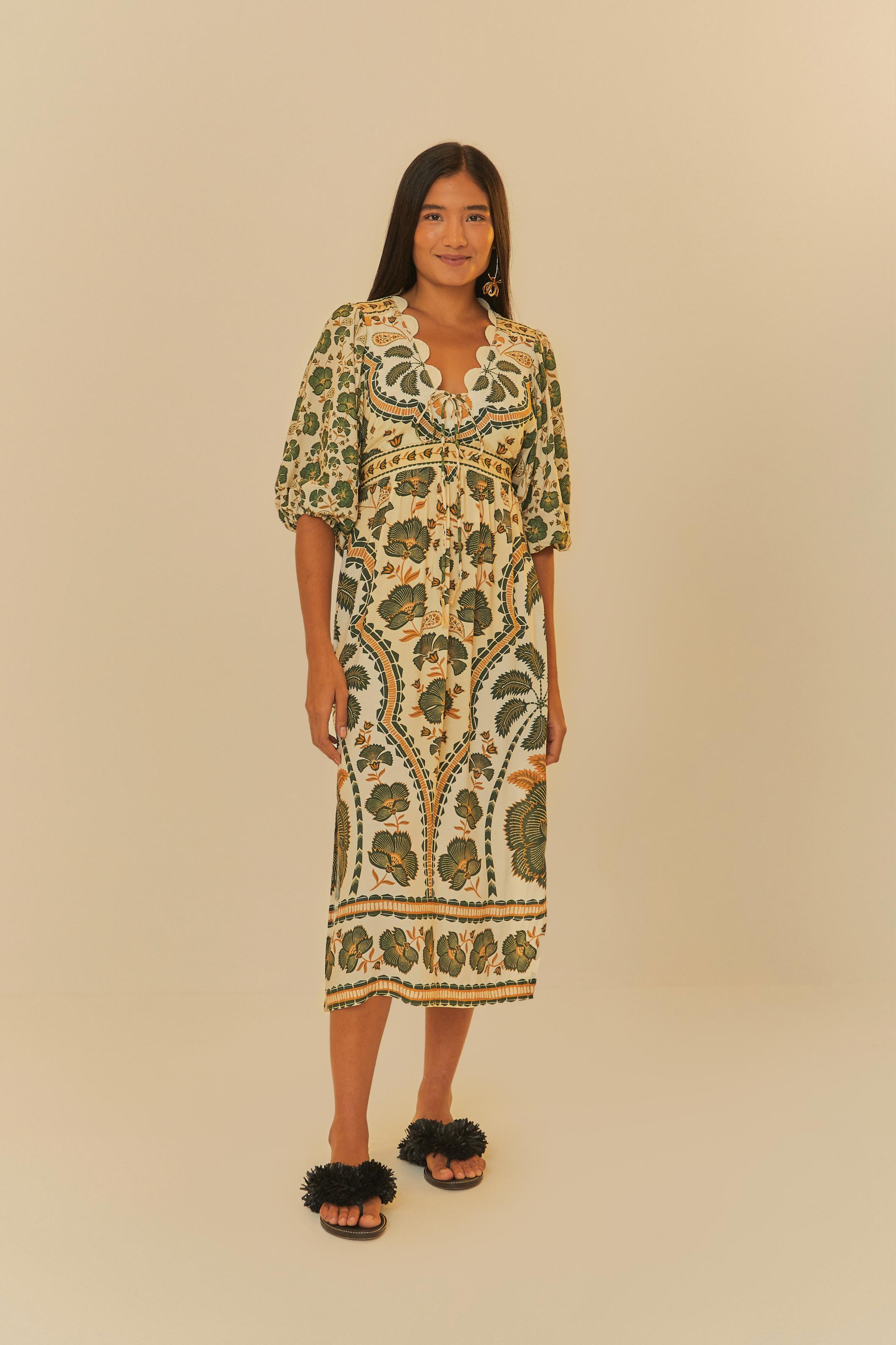 Vestido Midi Com Manga Estampado Riad