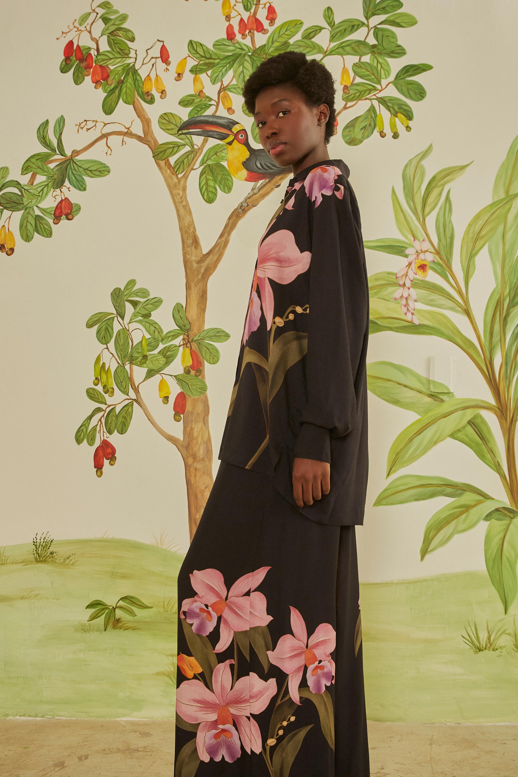 Calça Pantalona Estampada Orquídea
