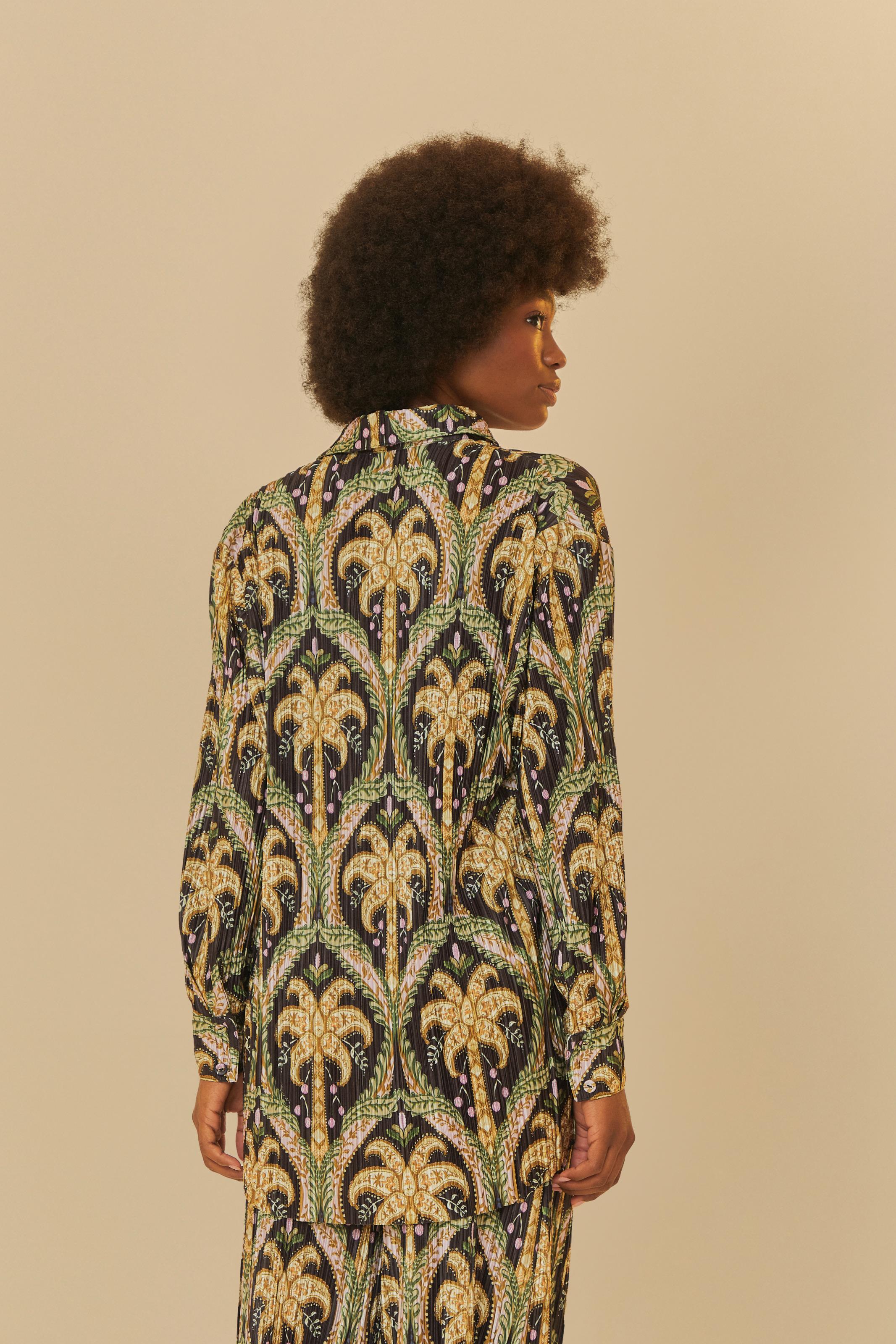 Camisa Plissada Estampada Camafeu Tropical