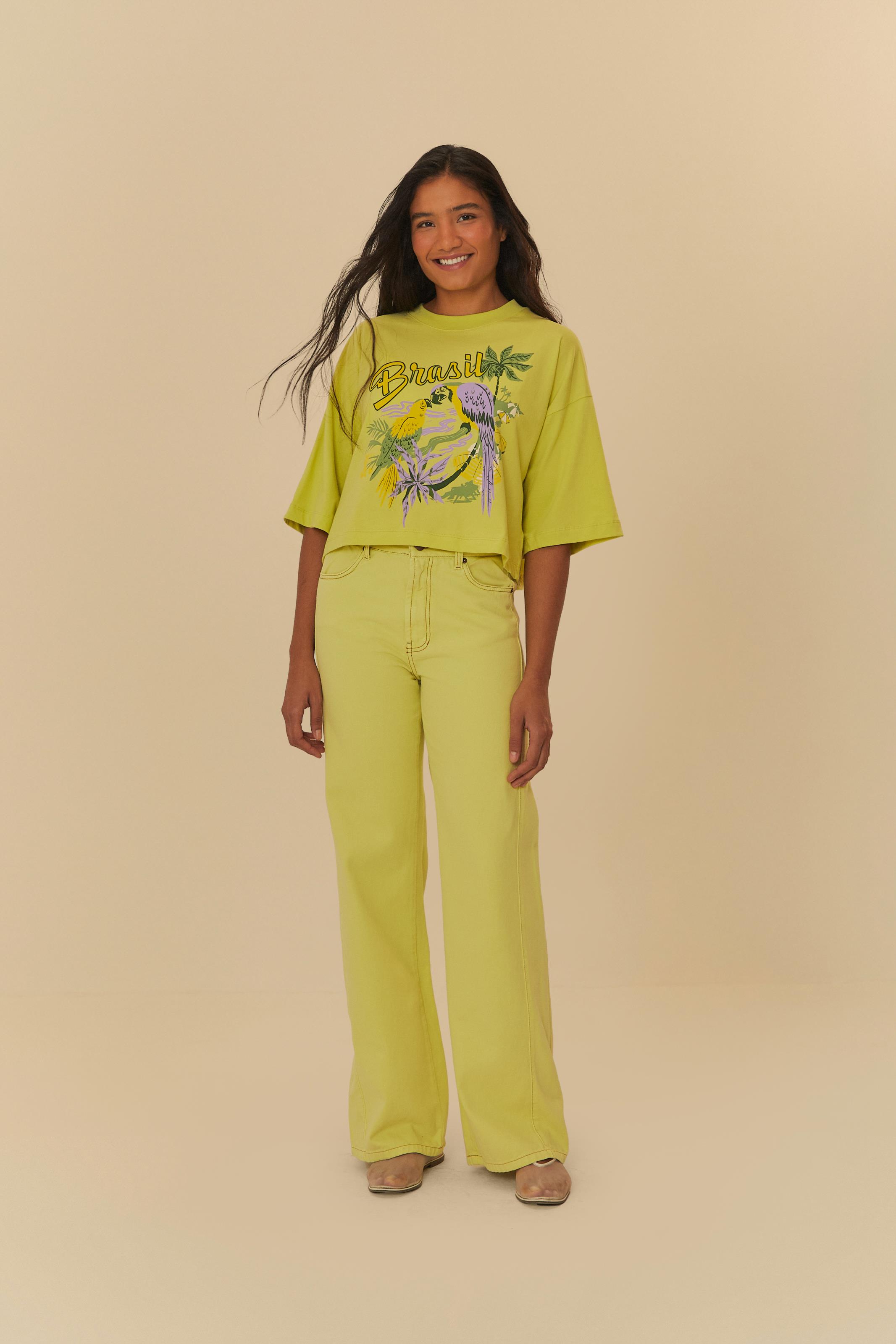 Calça Sarja Recorte Amarelo Neon