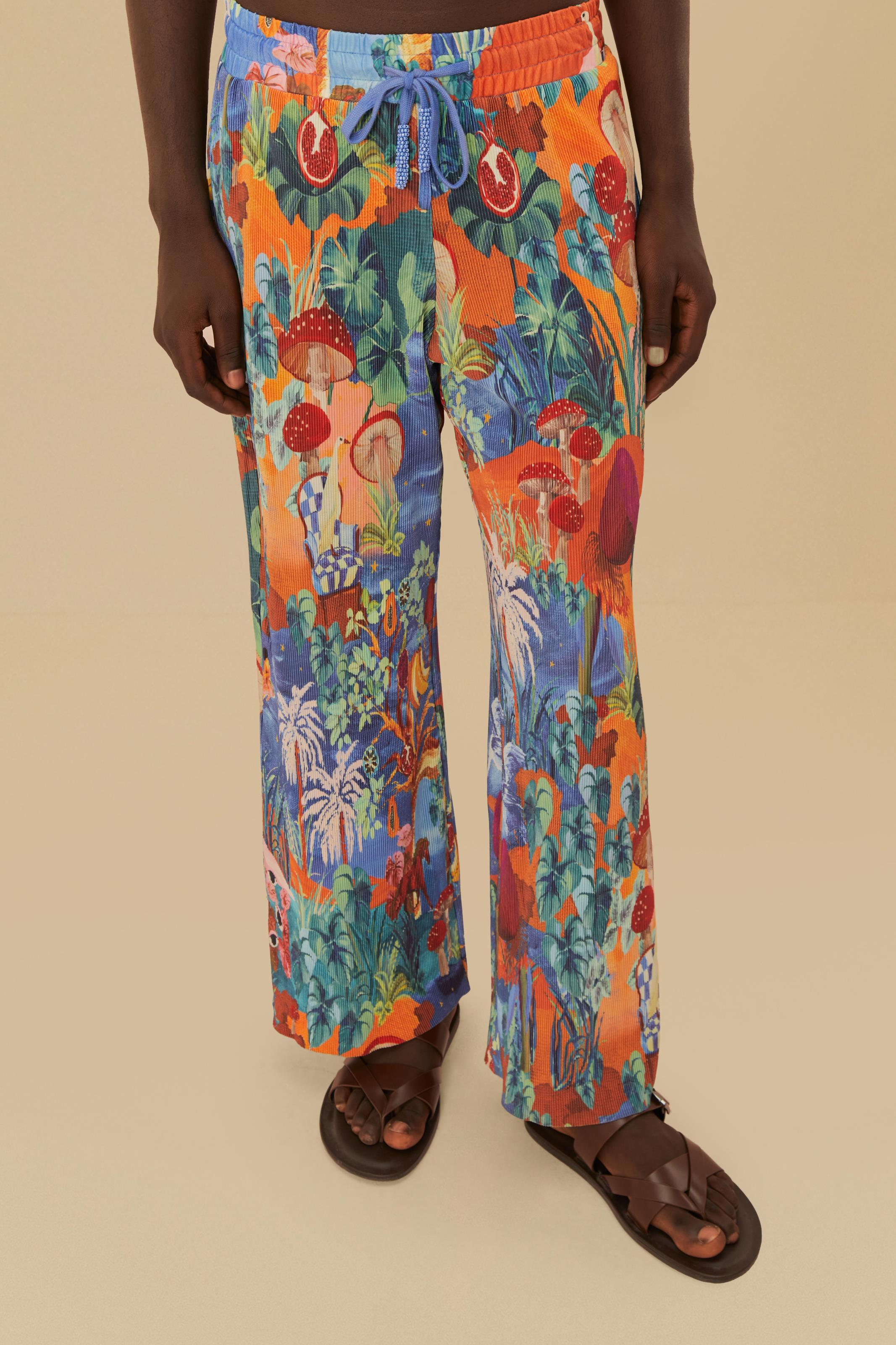 Calça Plissada Estampada Paisagem De Sonho Corrida