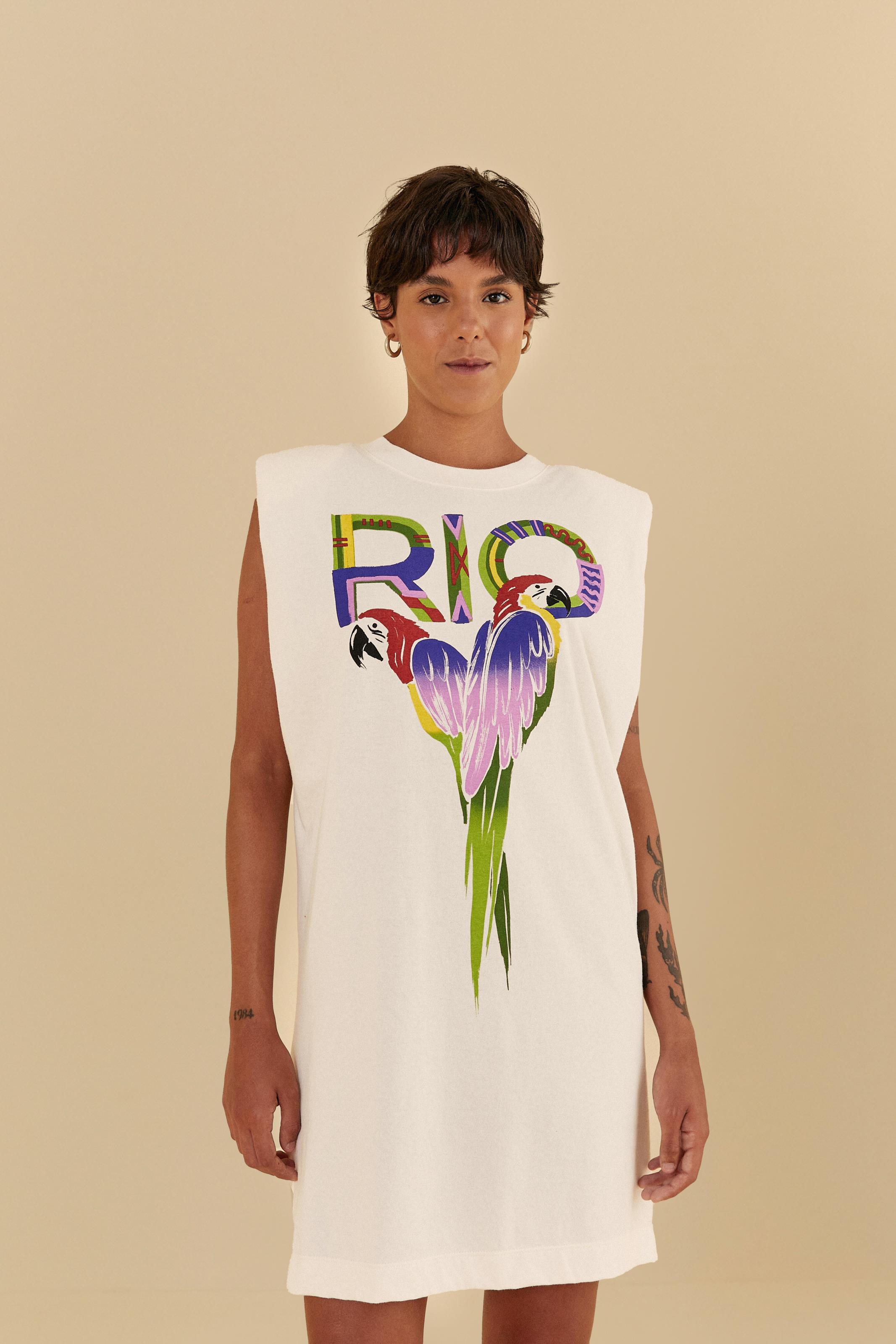 Vestido Curto Ombreira Estampado Rio