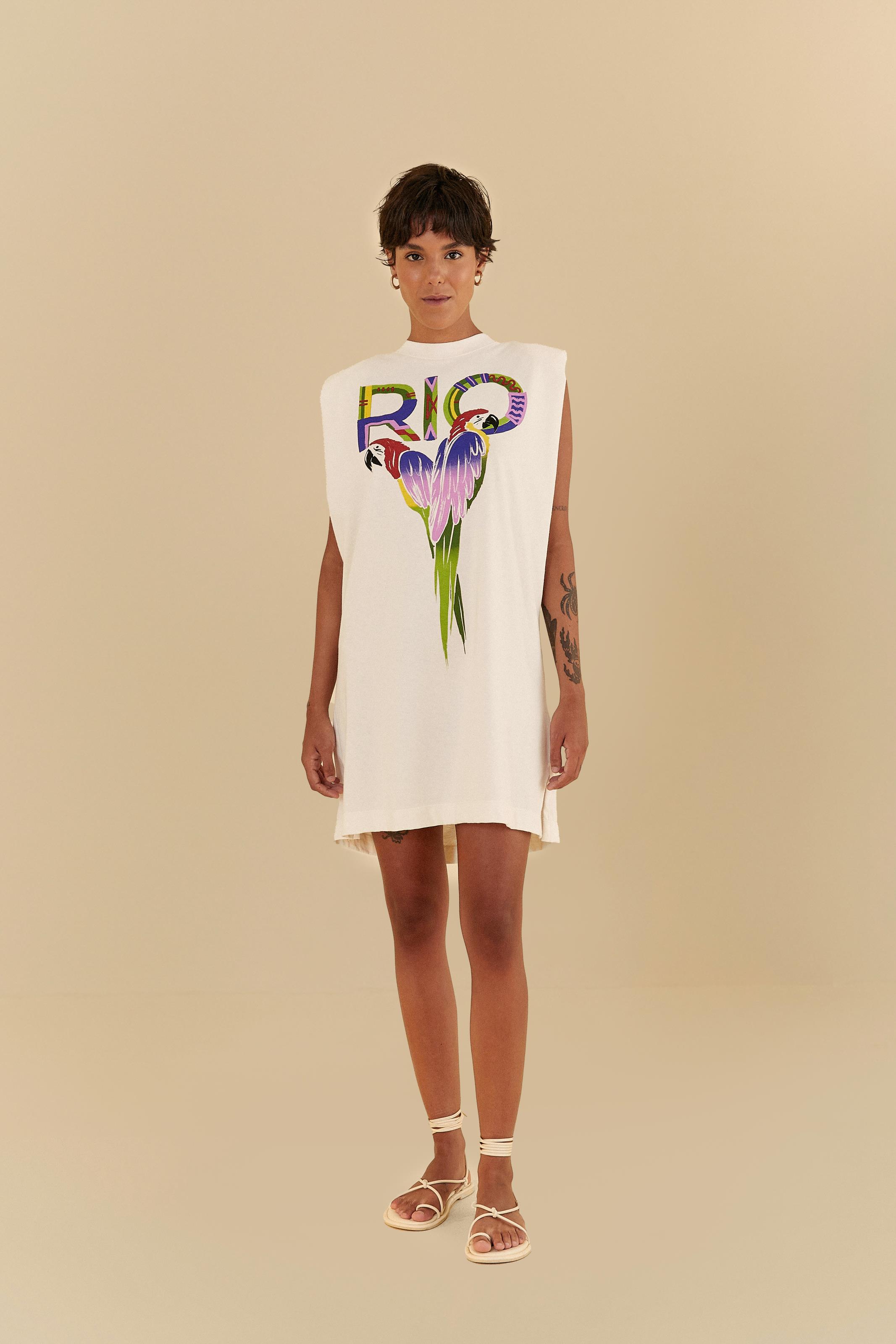 Vestido Curto Ombreira Estampado Rio