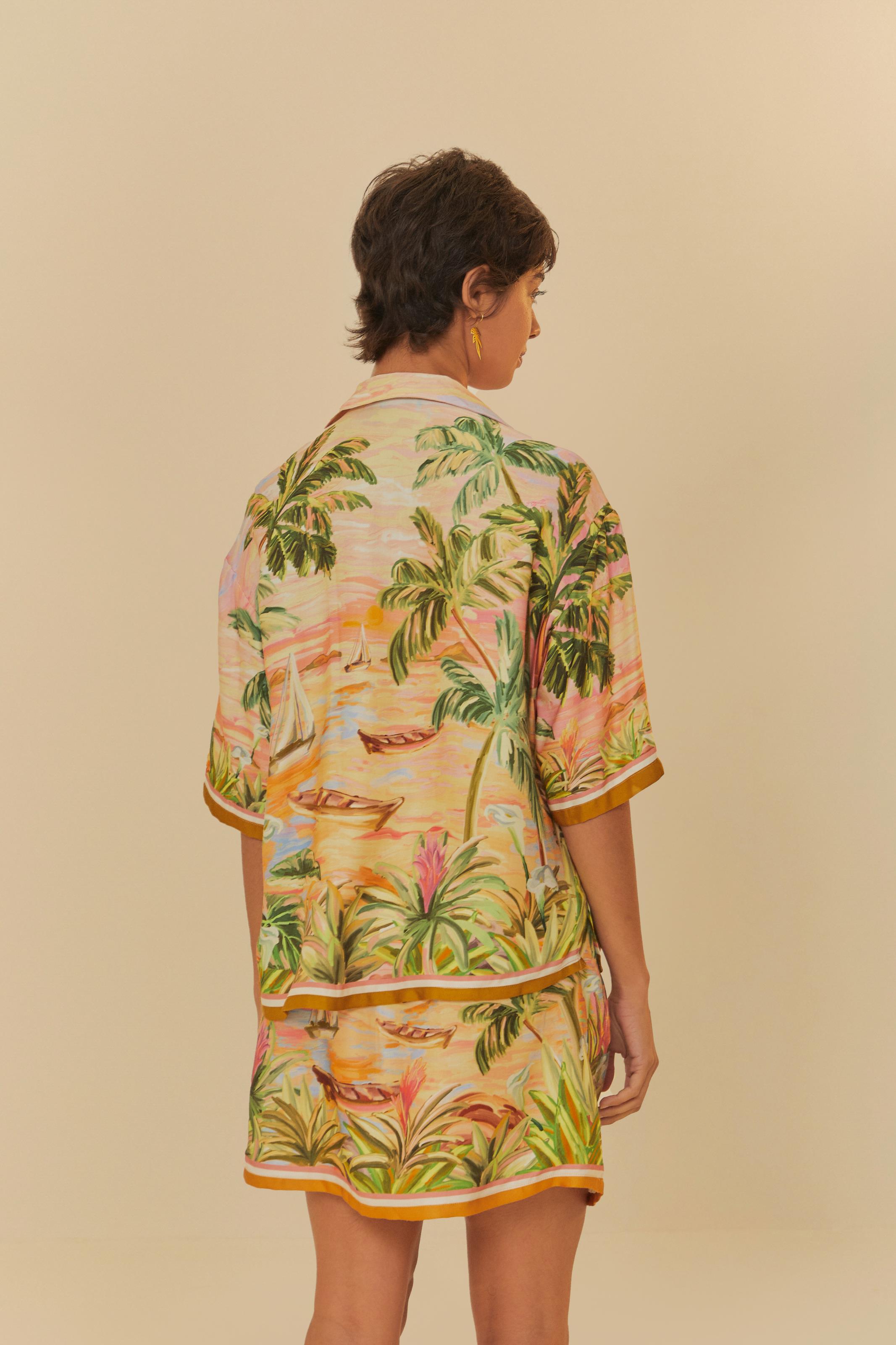 Camisa Cropped Estampada Pintura Tropical