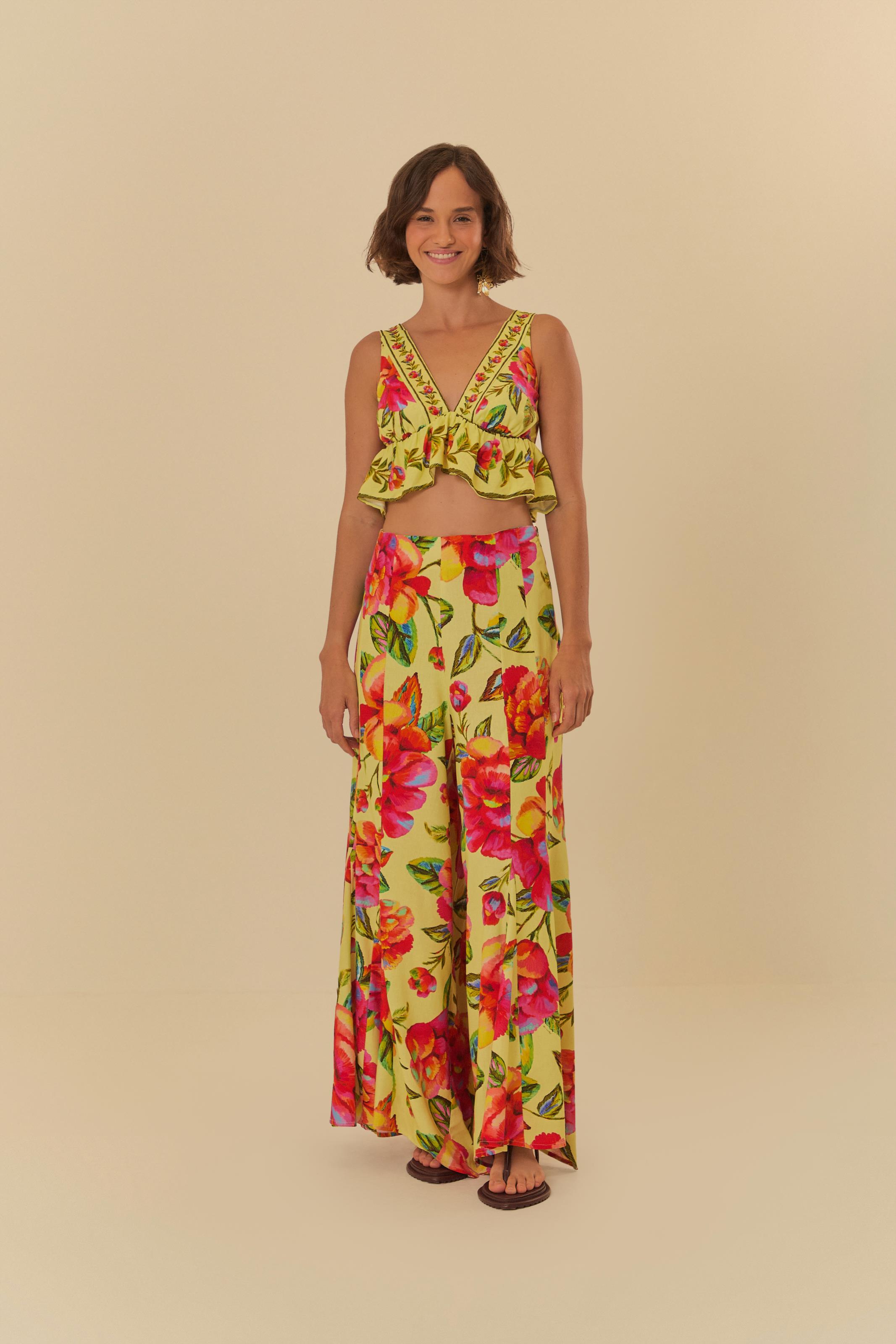 Calça Pantalona Estampada Flor Céu
