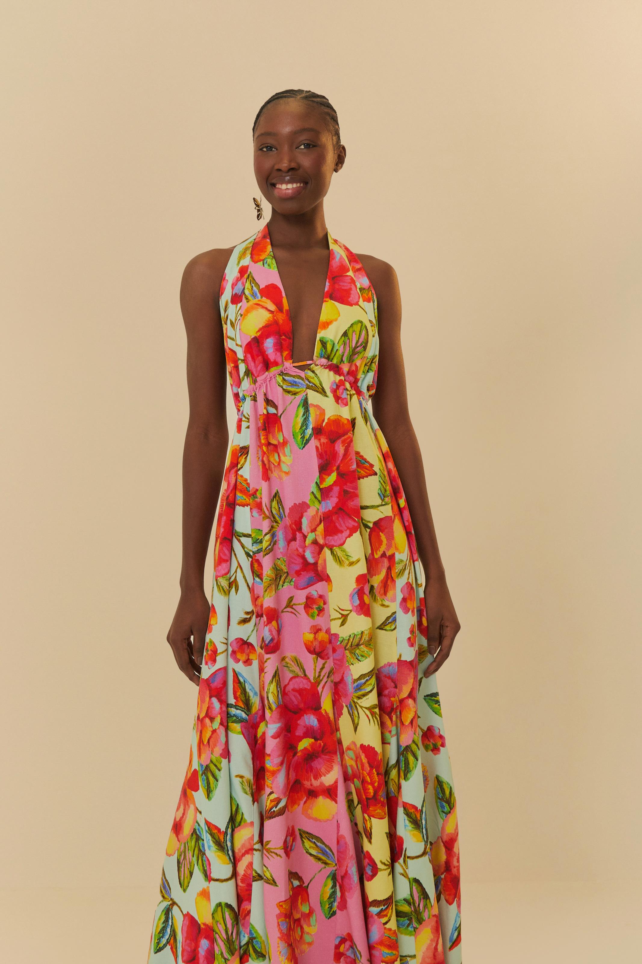 Vestido Longo Nesgas Patch Estampado Flor Céu