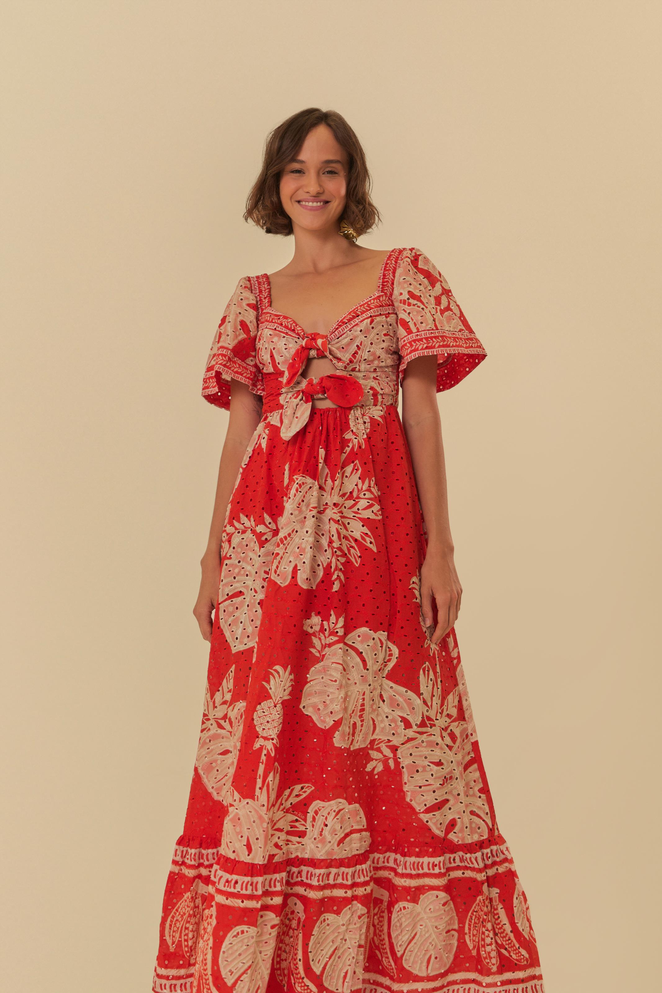 Vestido Longo Manga Estampado Folha De Renda