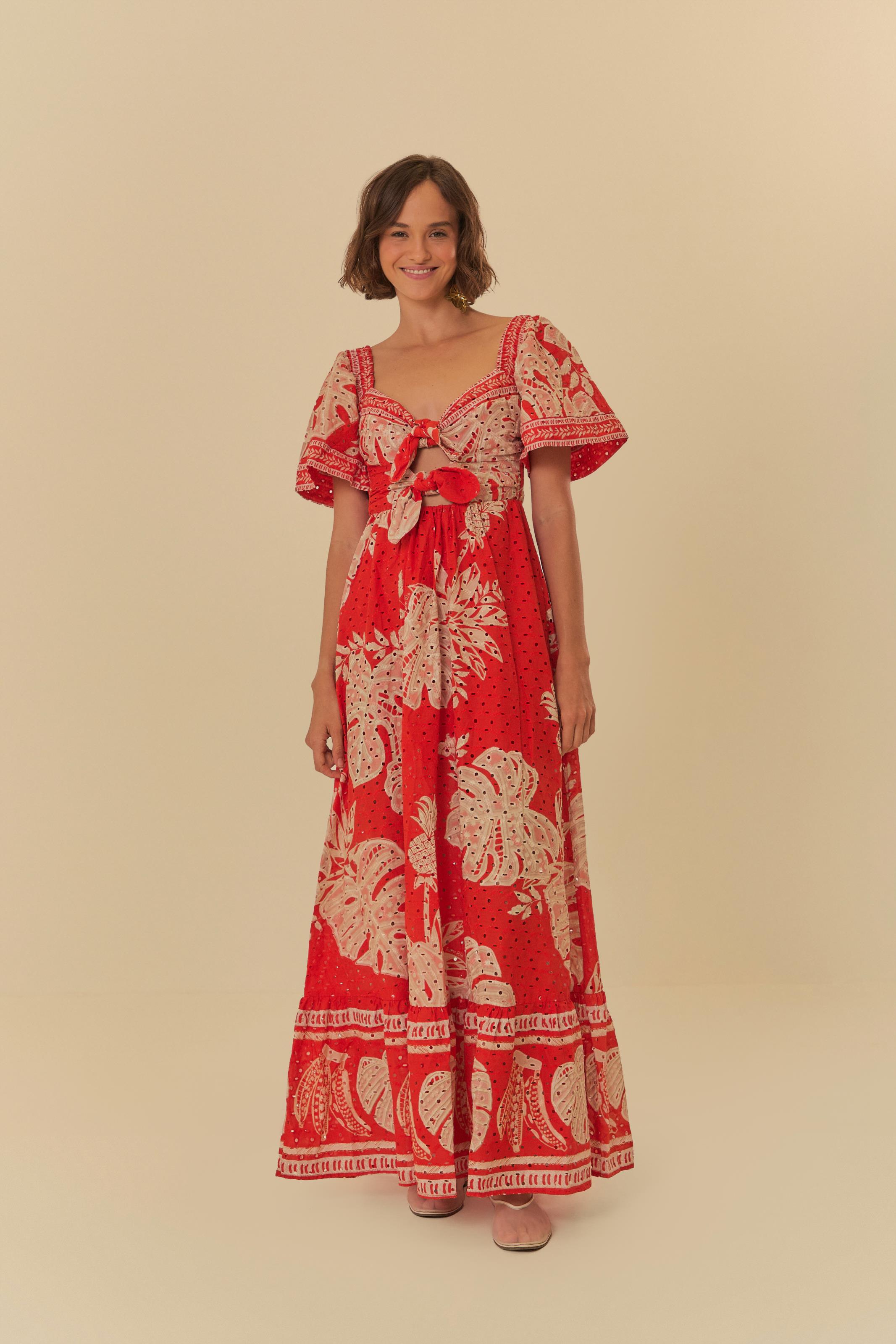 Vestido Longo Manga Estampado Folha De Renda