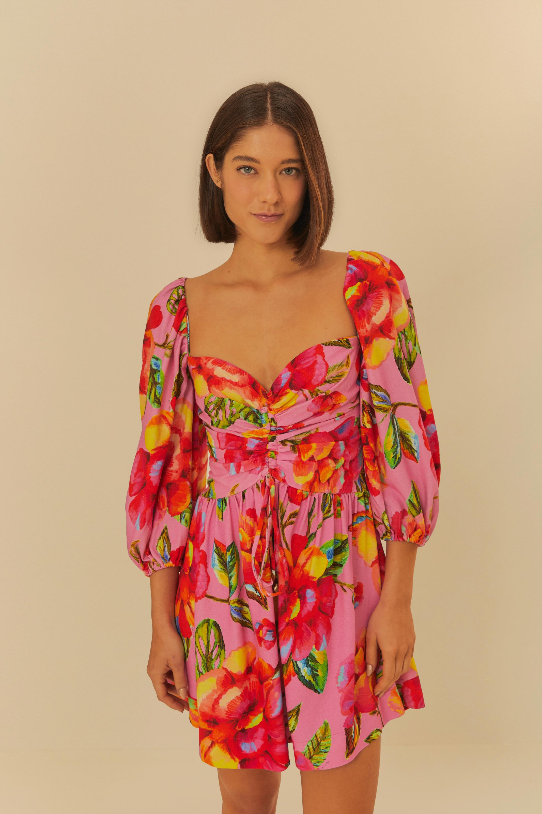 Vestido Curto Estampado Flor Céu