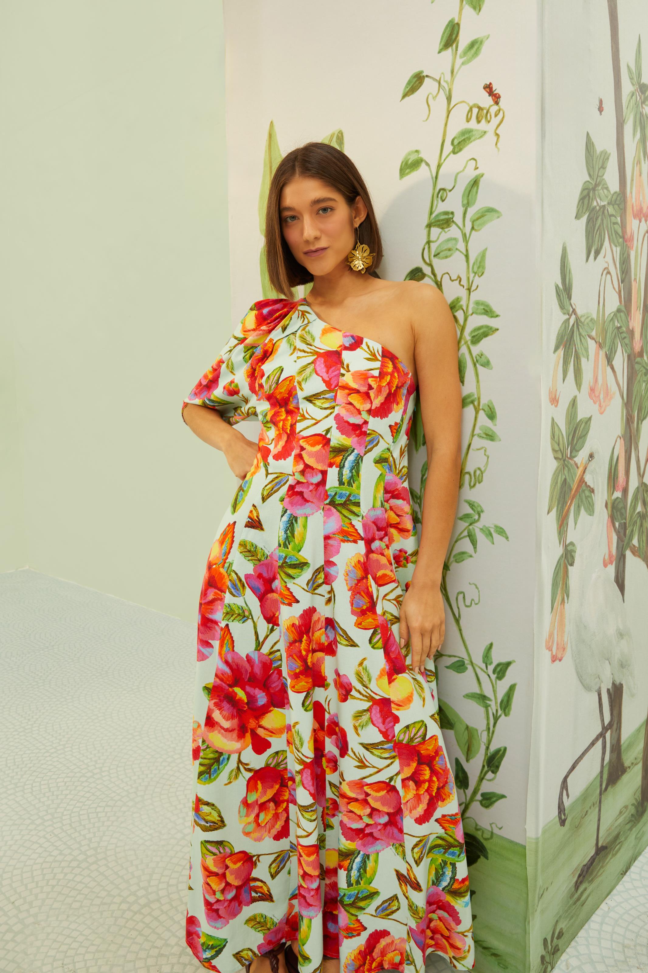 Vestido Cropped Ombro Só Estampado Flor Céu