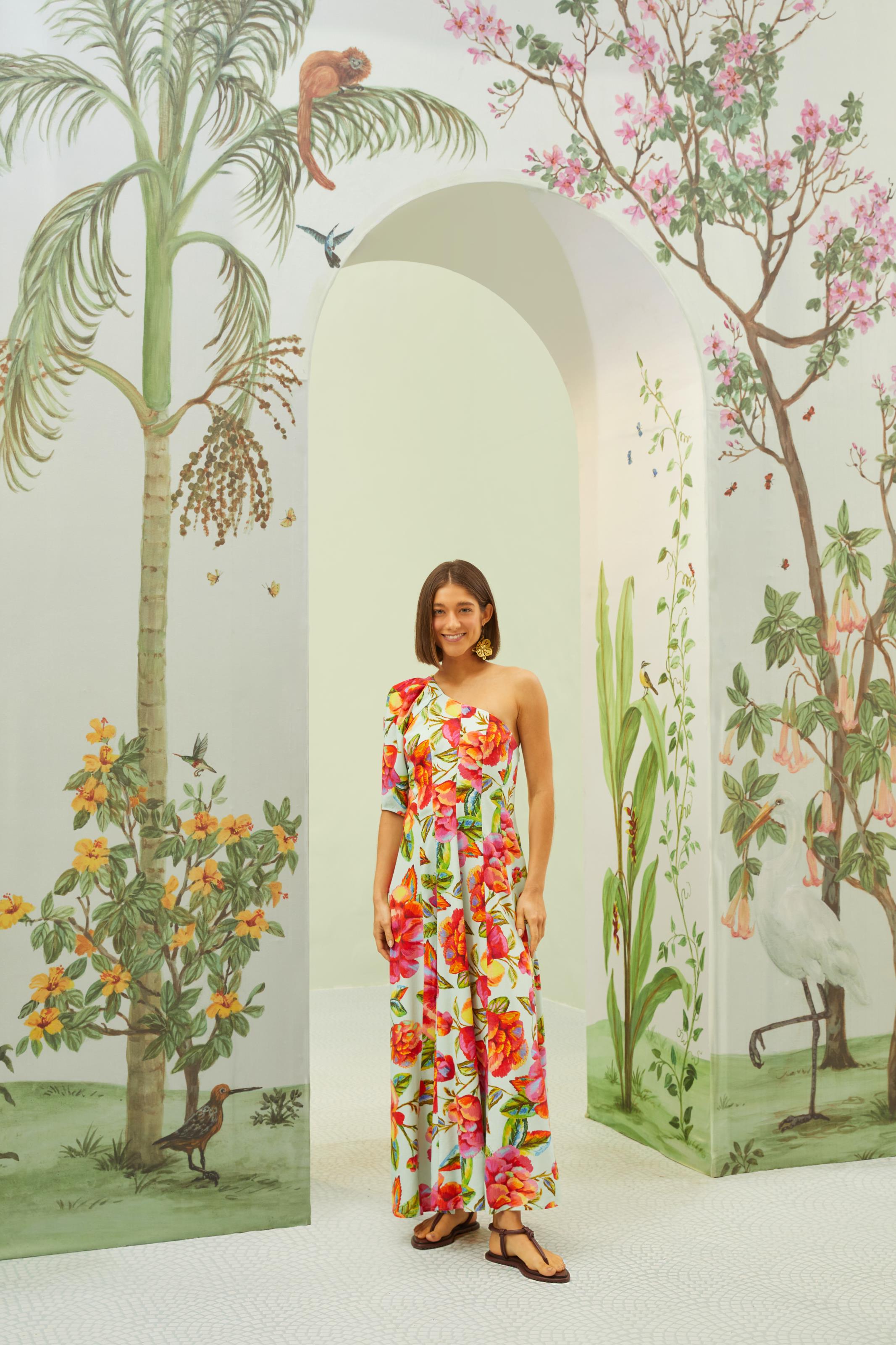 Vestido Cropped Ombro Só Estampado Flor Céu