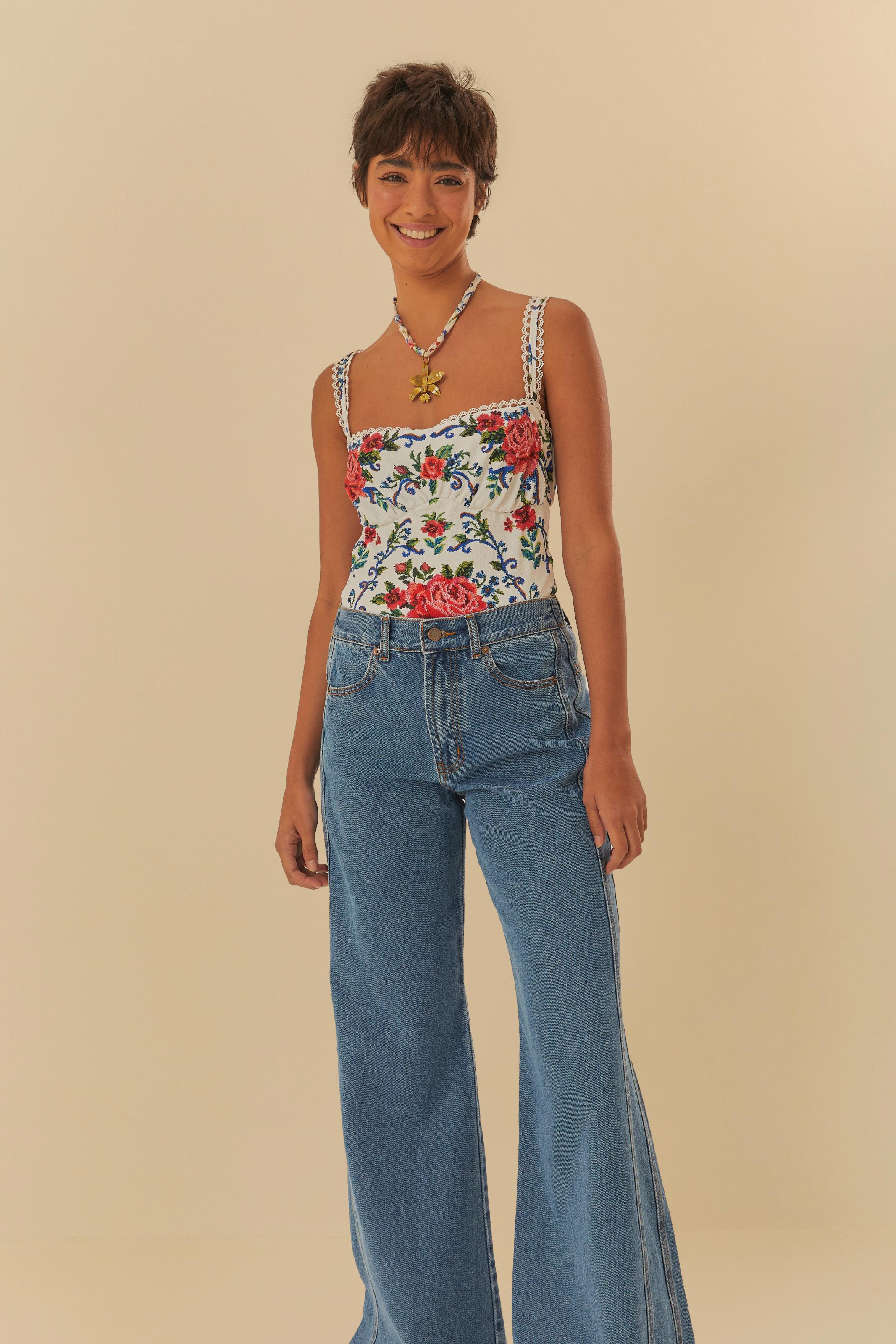 Calça Jeans Recorte Cós Elástico