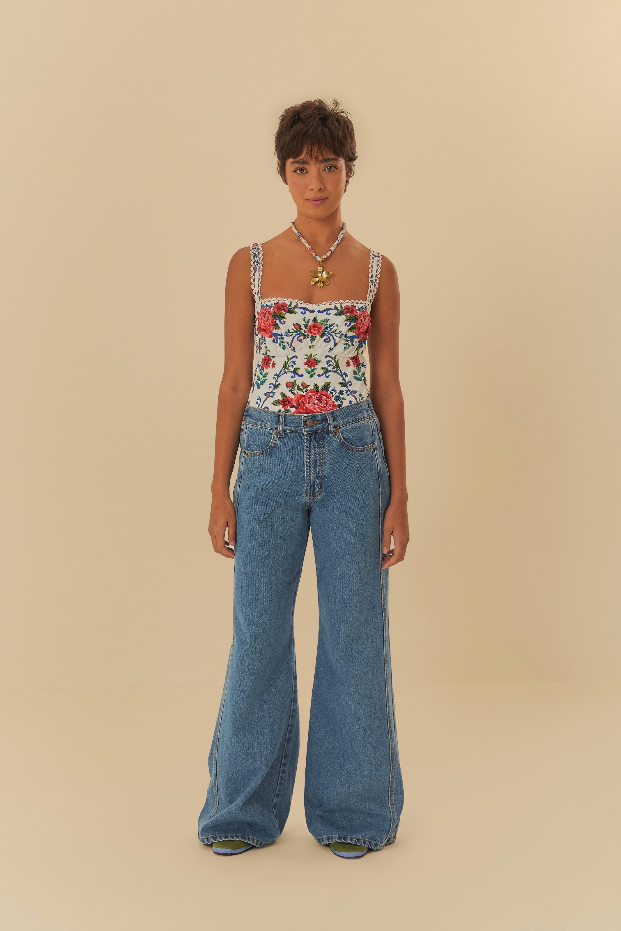 Calça Jeans Recorte Cós Elástico