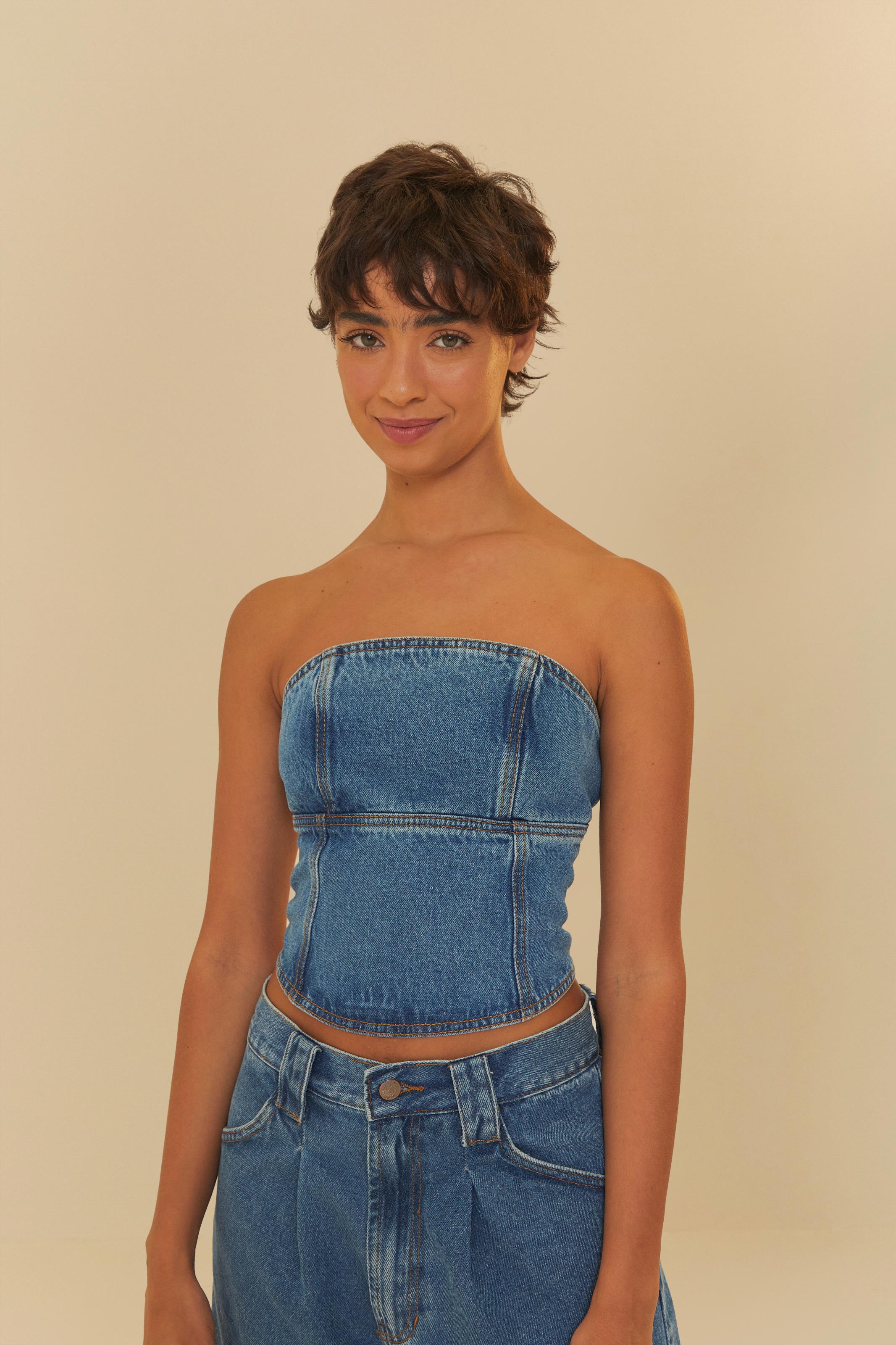 Corselet Jeans Sem Alça