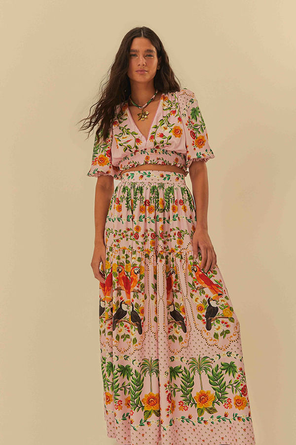 Saia Estampada Jardim De Pássaros