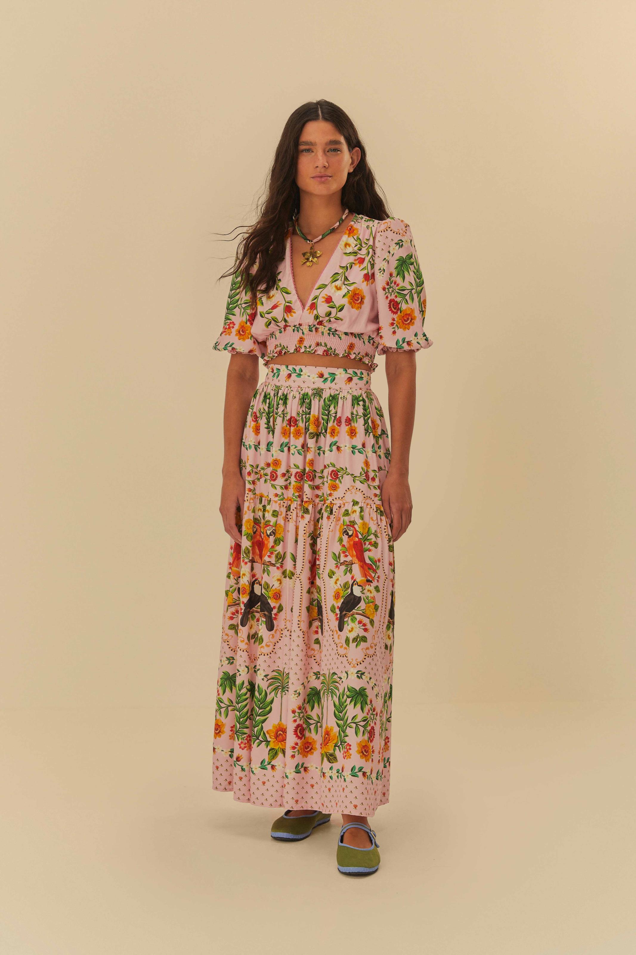 Saia Estampada Jardim De Pássaros