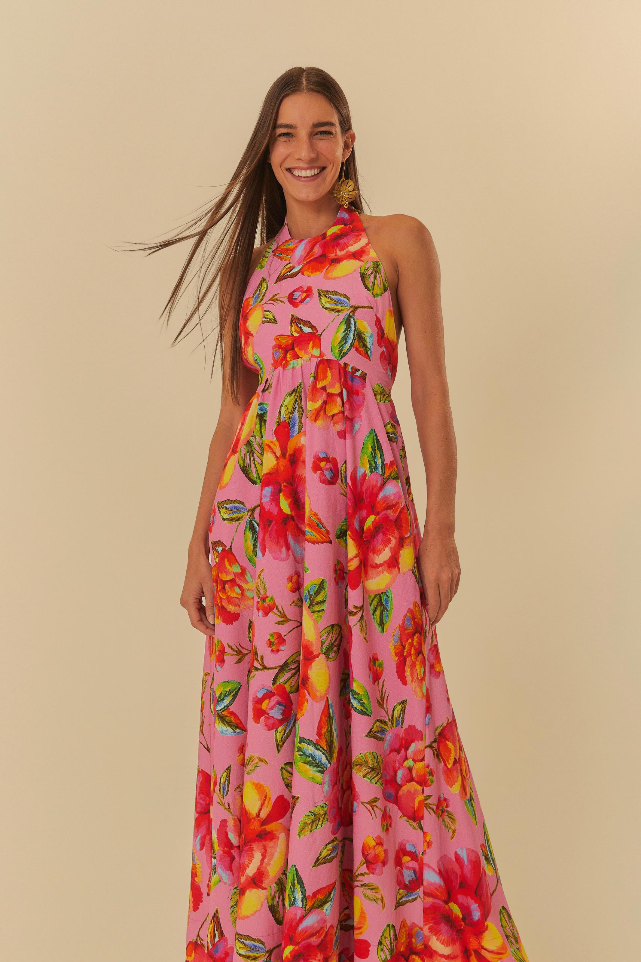 Vestido Cropped Amarração Estampado Flor Céu