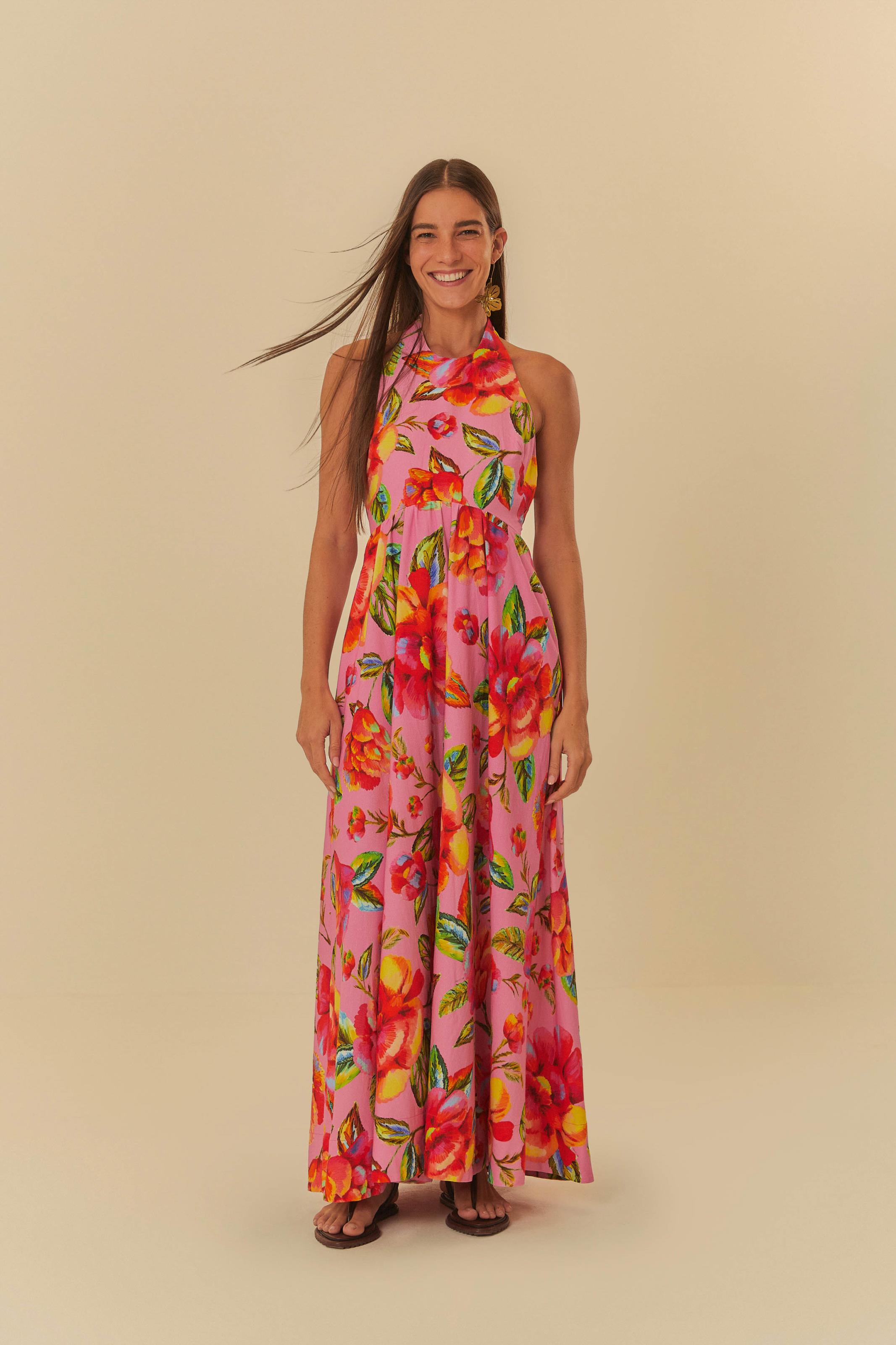 Vestido Cropped Amarração Estampado Flor Céu