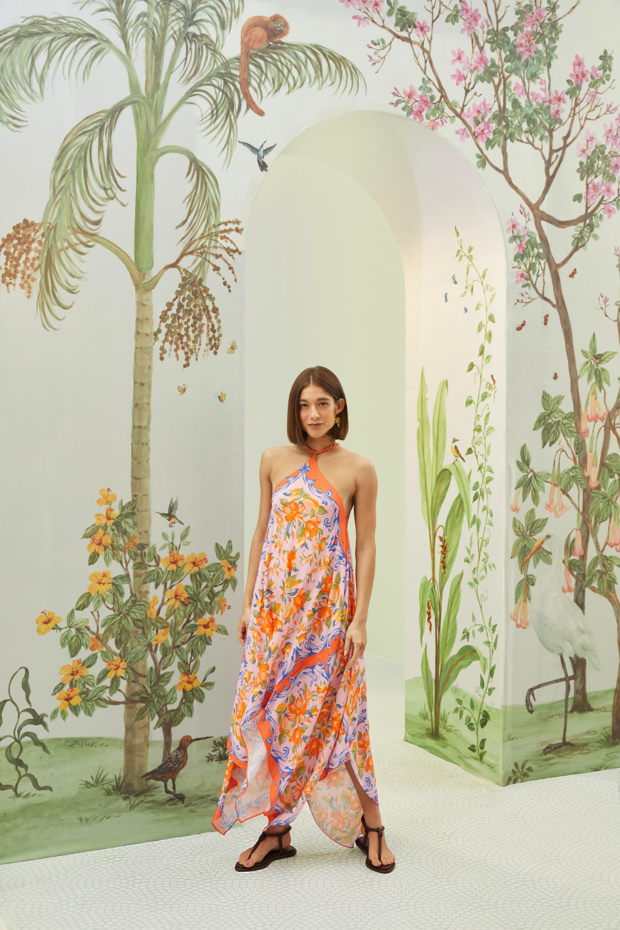 Vestido Longo Alça Estampado Sicília Lenço