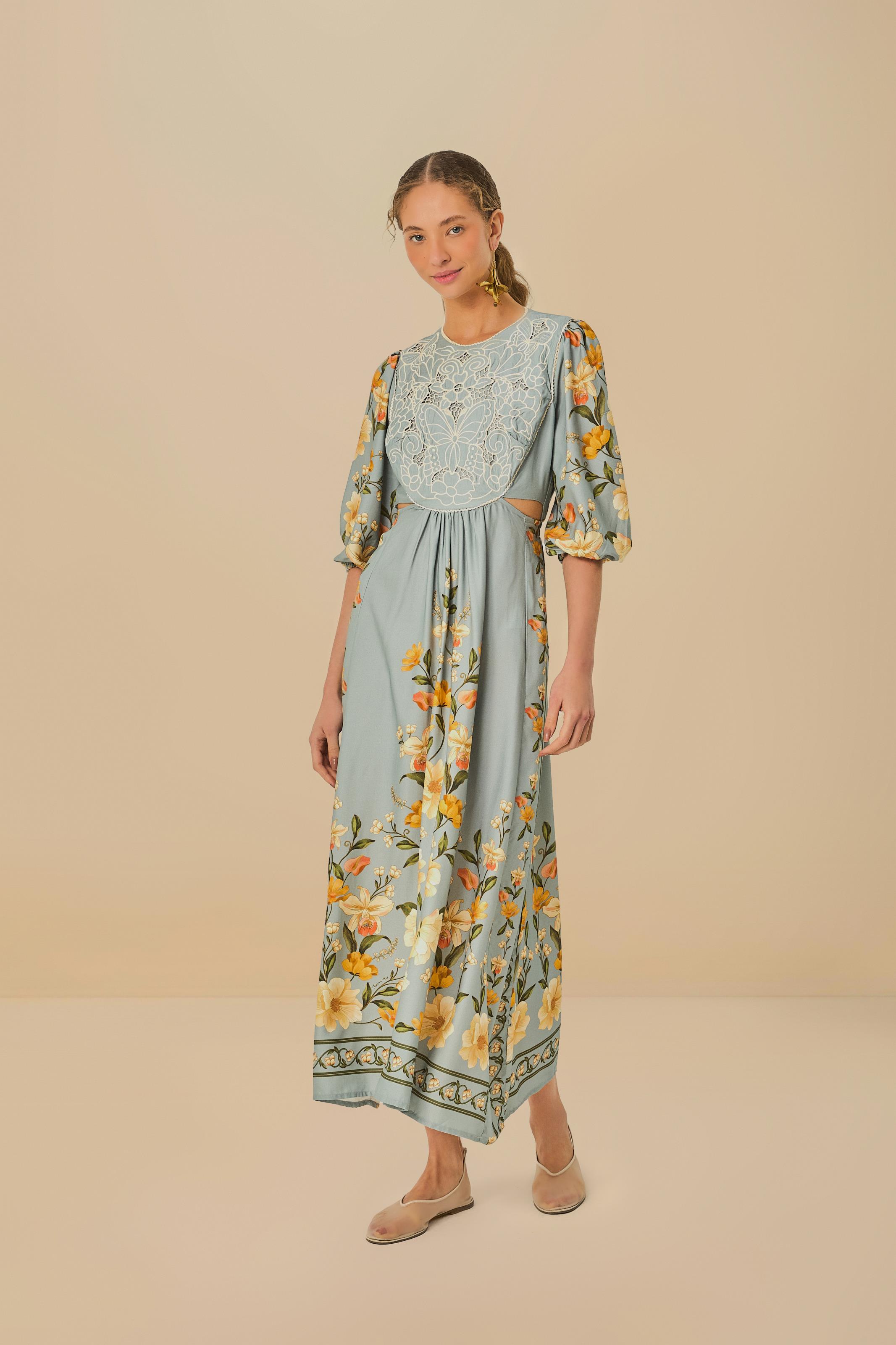 Vestido Bordado Estampado Borboleta Em Flor