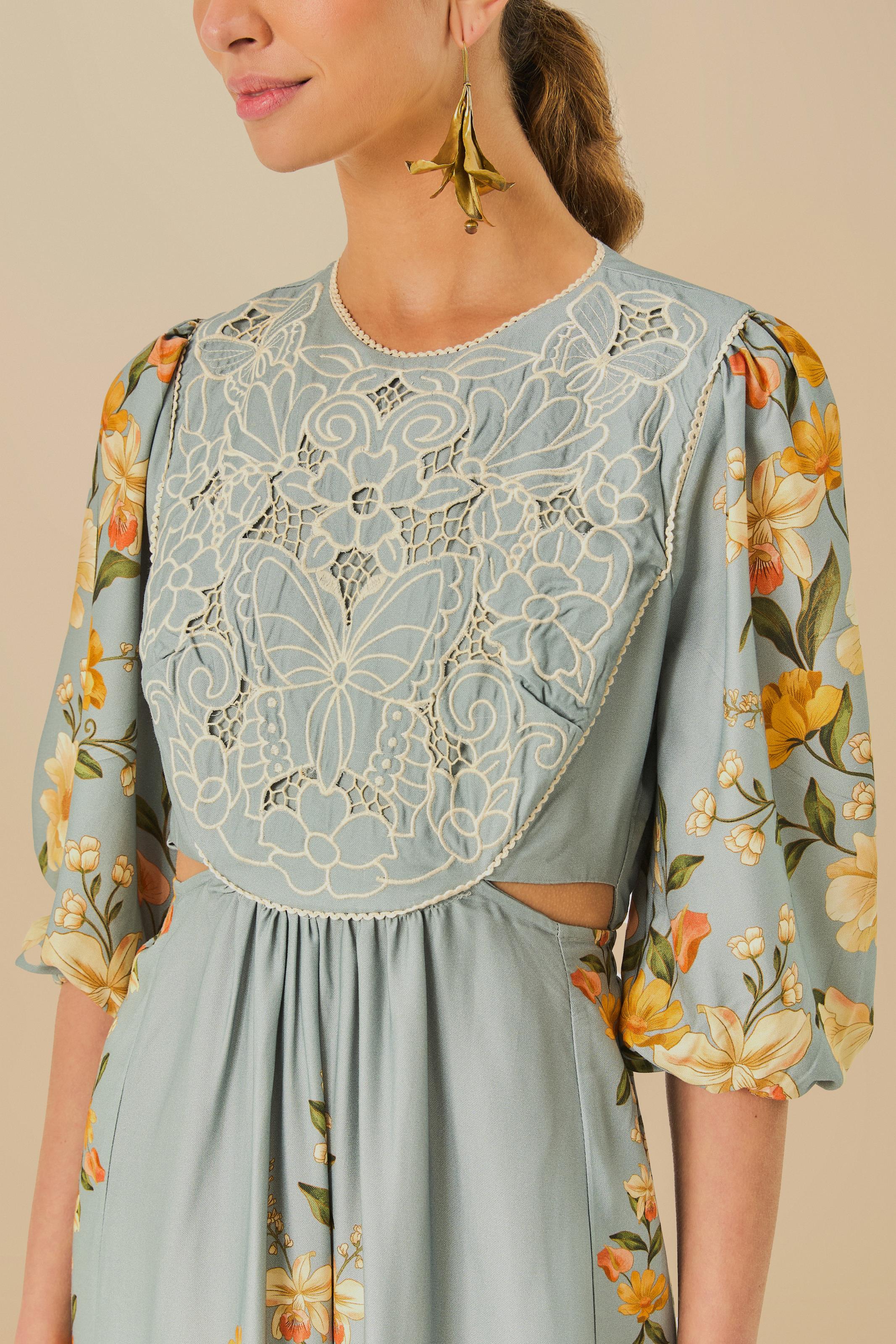 Vestido Bordado Estampado Borboleta Em Flor