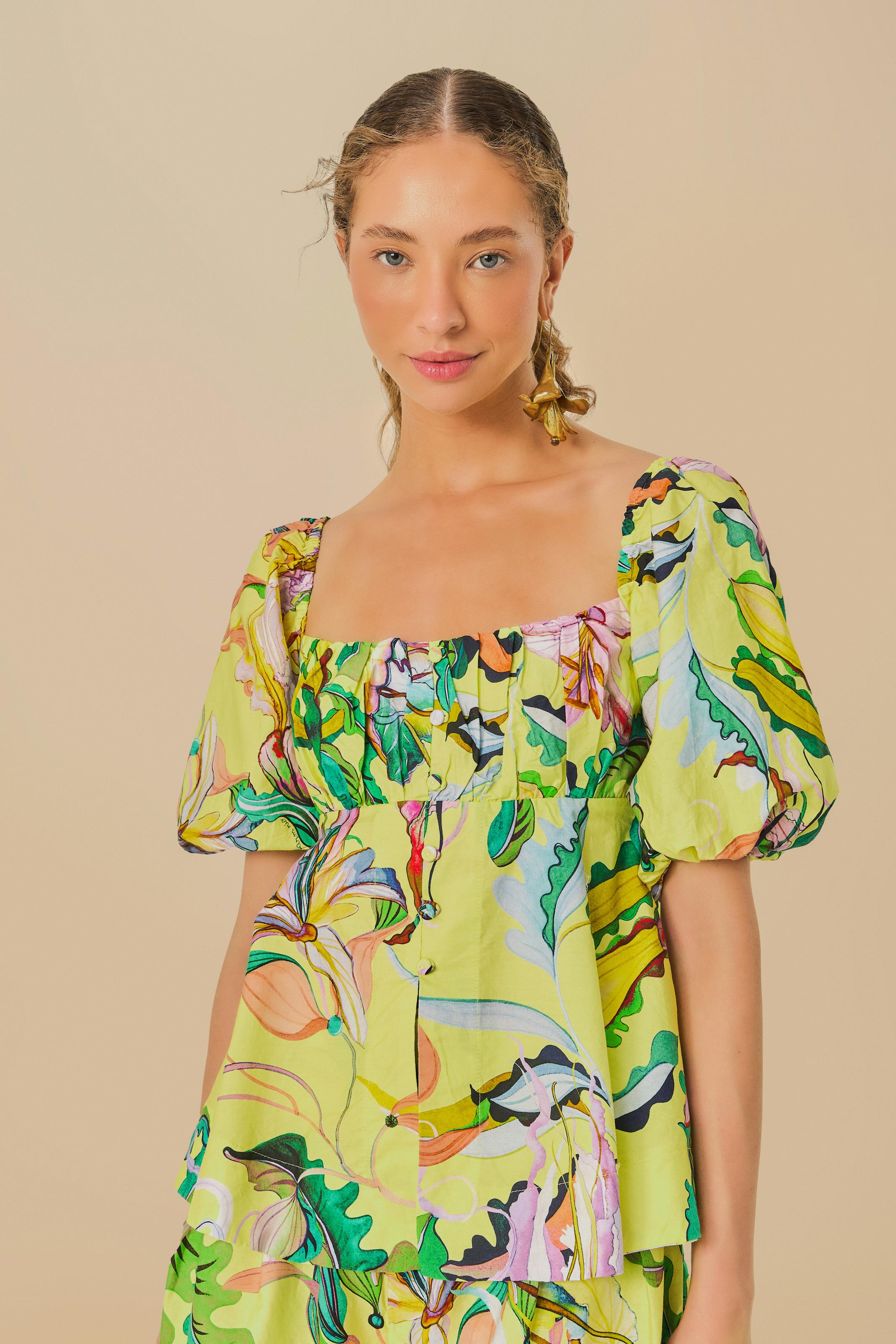 Blusa Mangas Estampada Água Viva Buquê