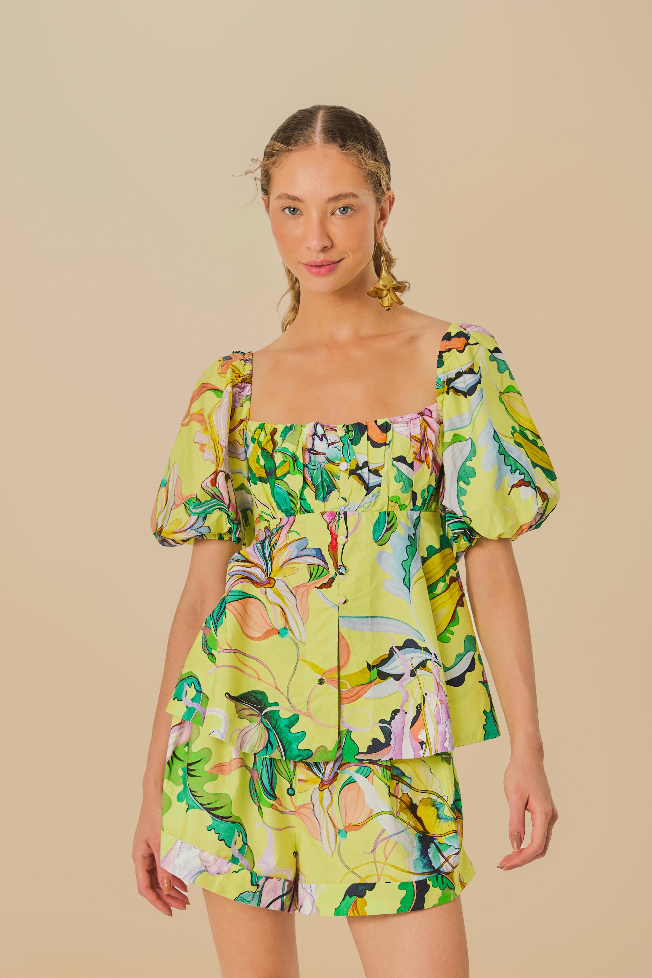 Blusa Mangas Estampada Água Viva Buquê