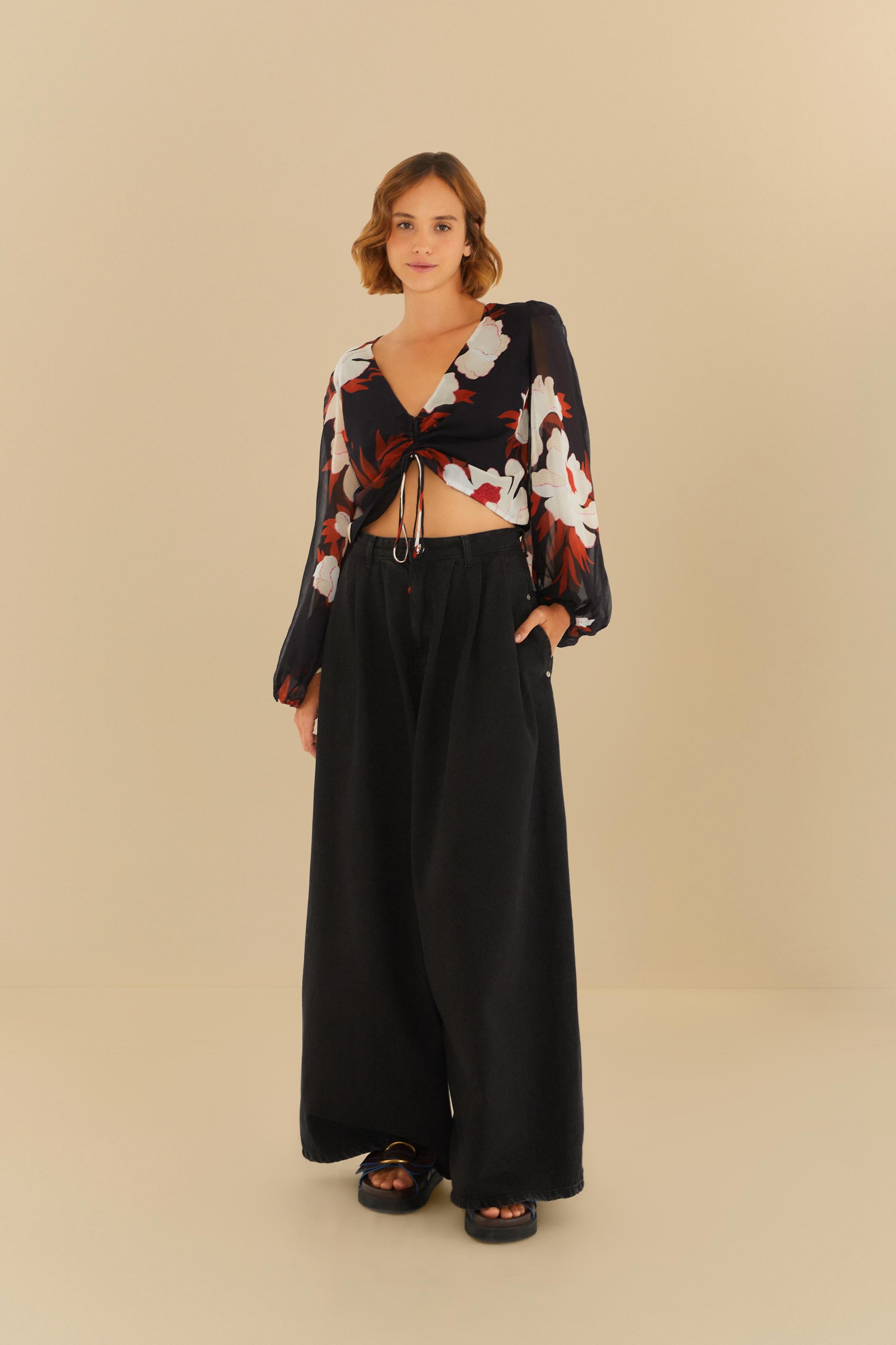 Blusa Estampada Peônia Preto
