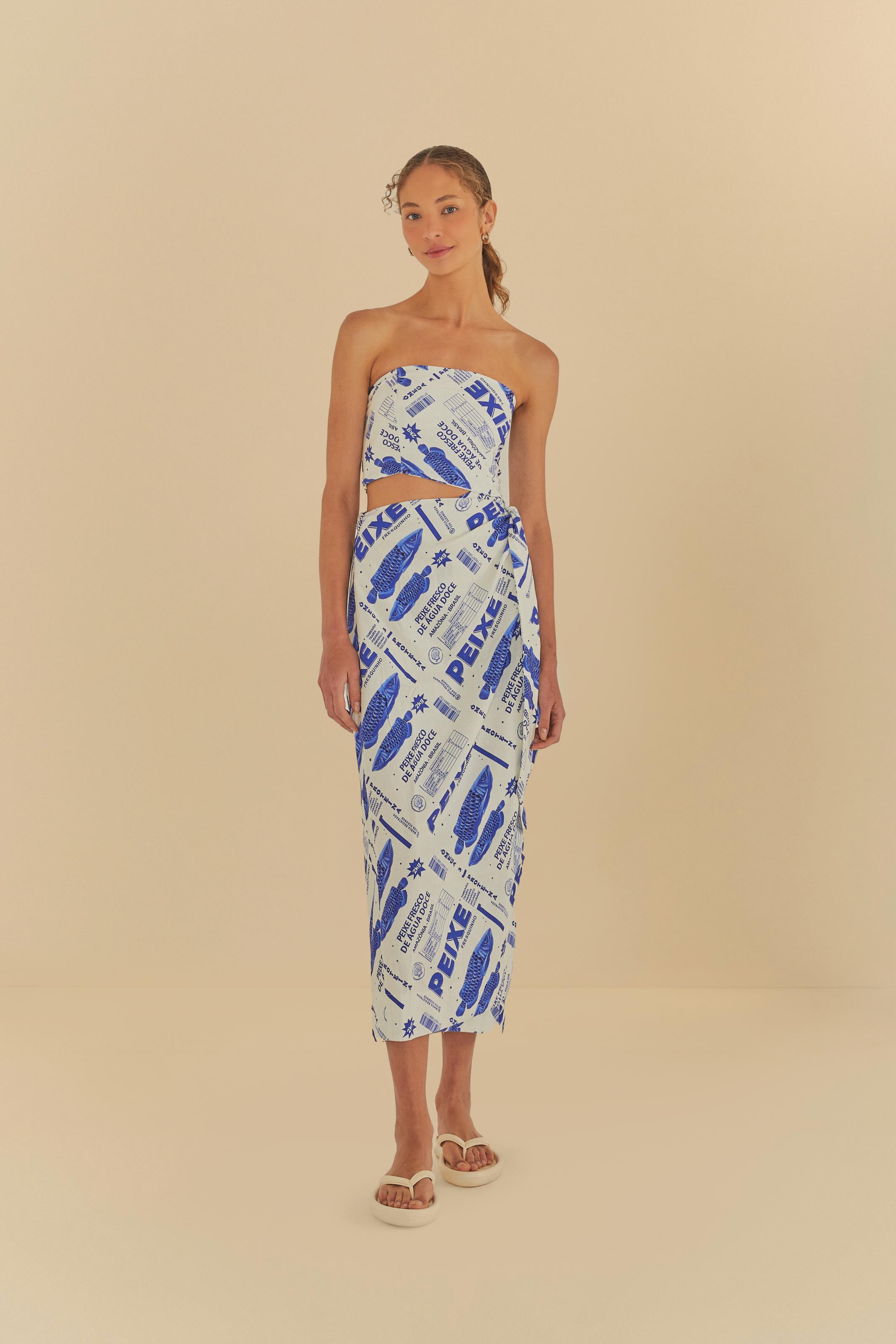 Vestido Cropped Ombros De Fora Estampado Peixe Fre
