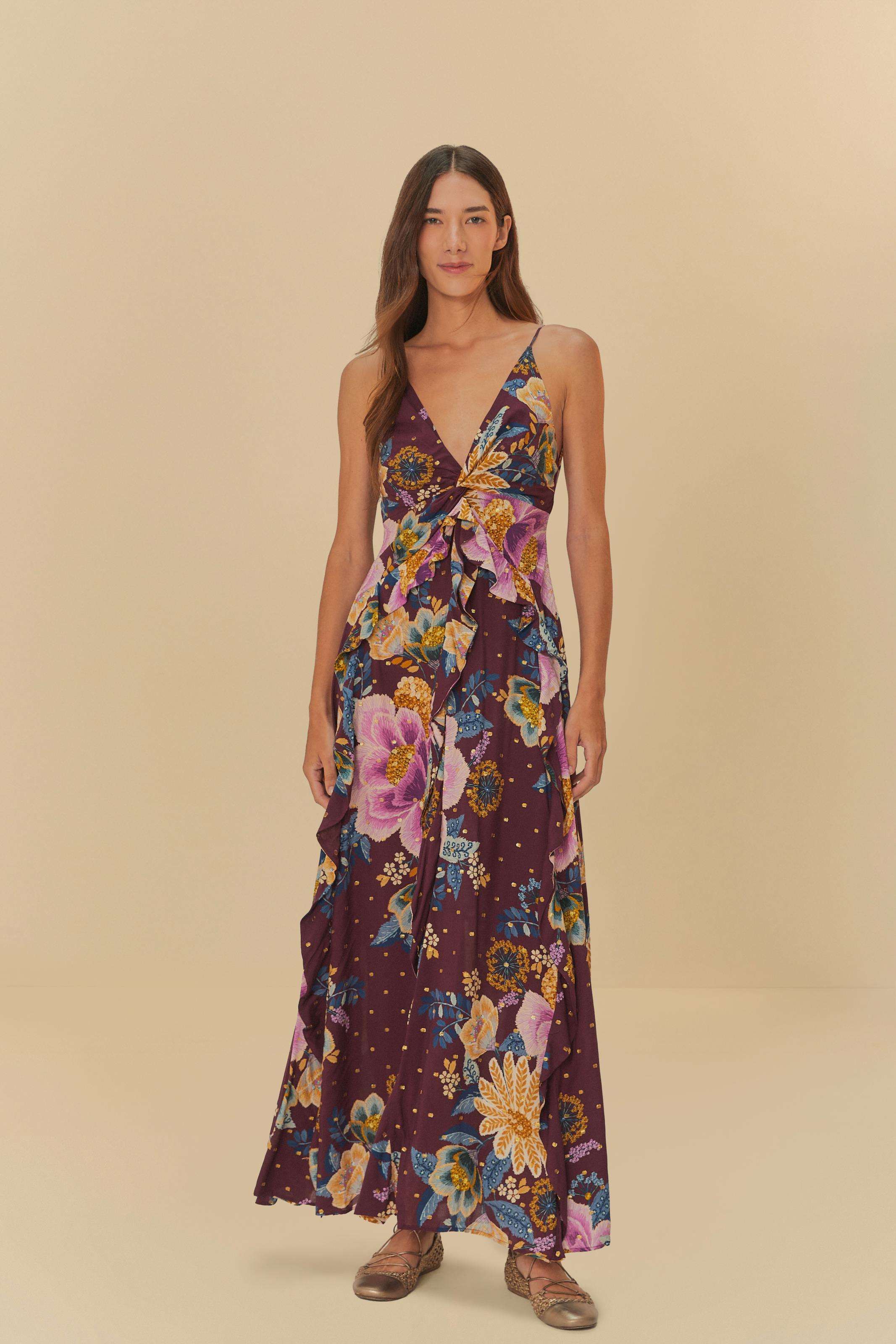 Vestido Longo Babado Estampado Jardim Delicado