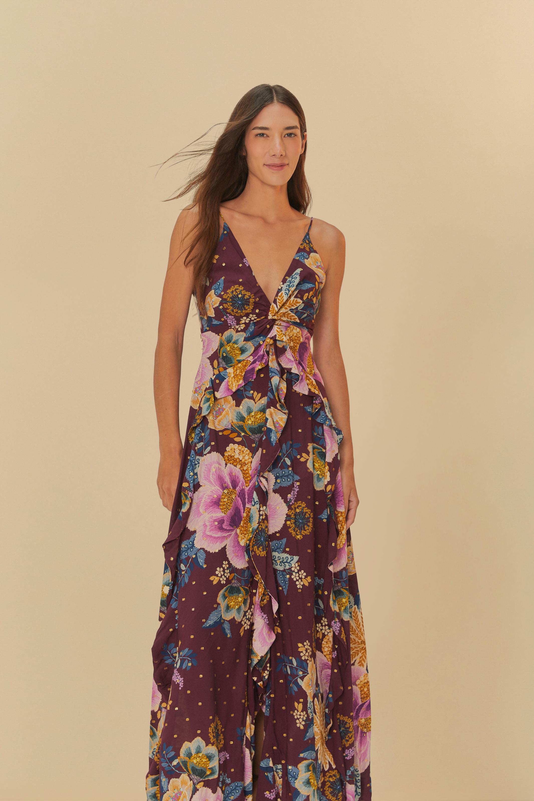 Vestido Longo Babado Estampado Jardim Delicado