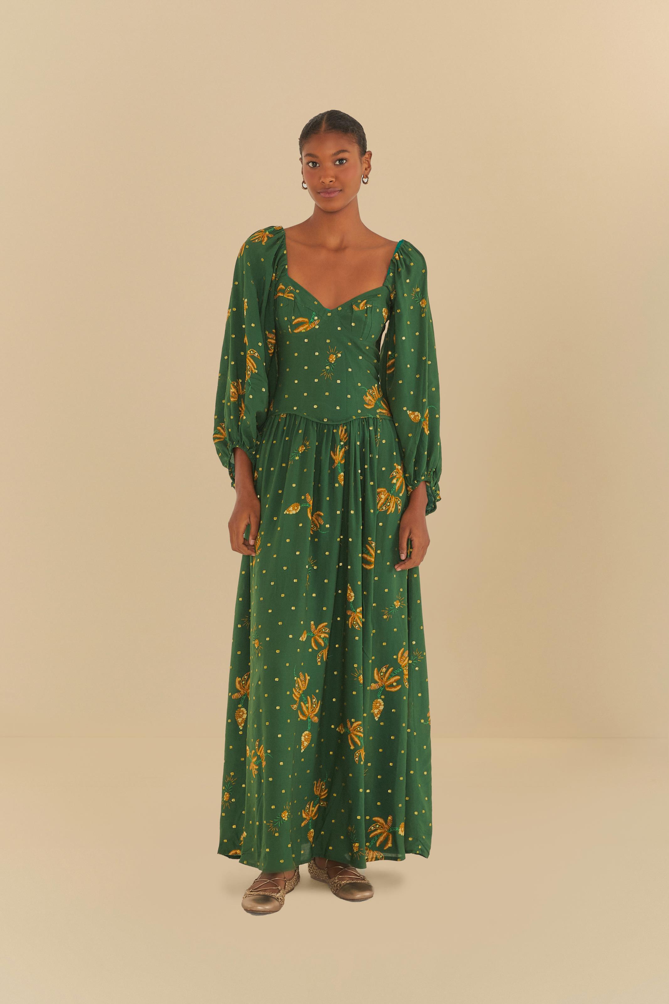 Vestido Longo Manga Estampado Brilho De Banana