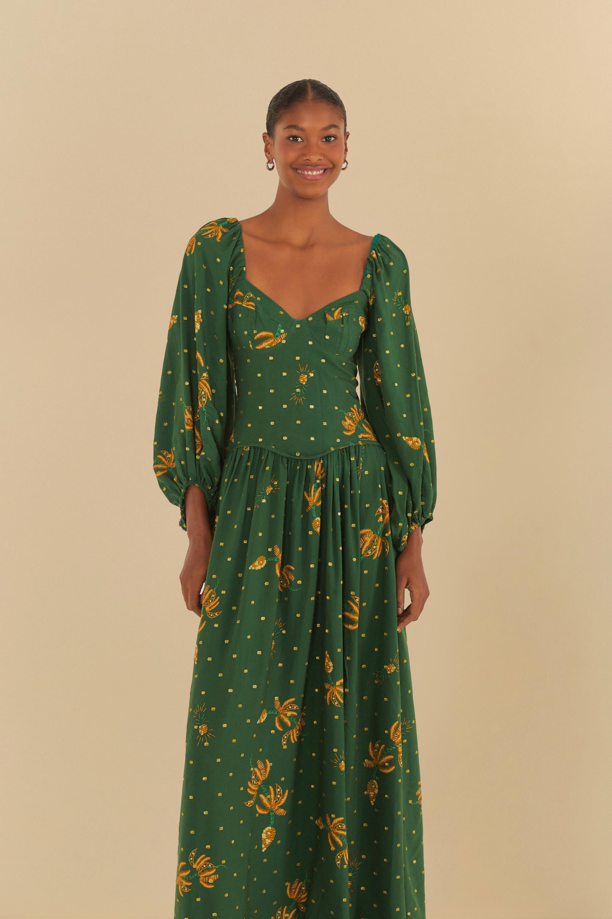 Vestido Longo Manga Estampado Brilho De Banana