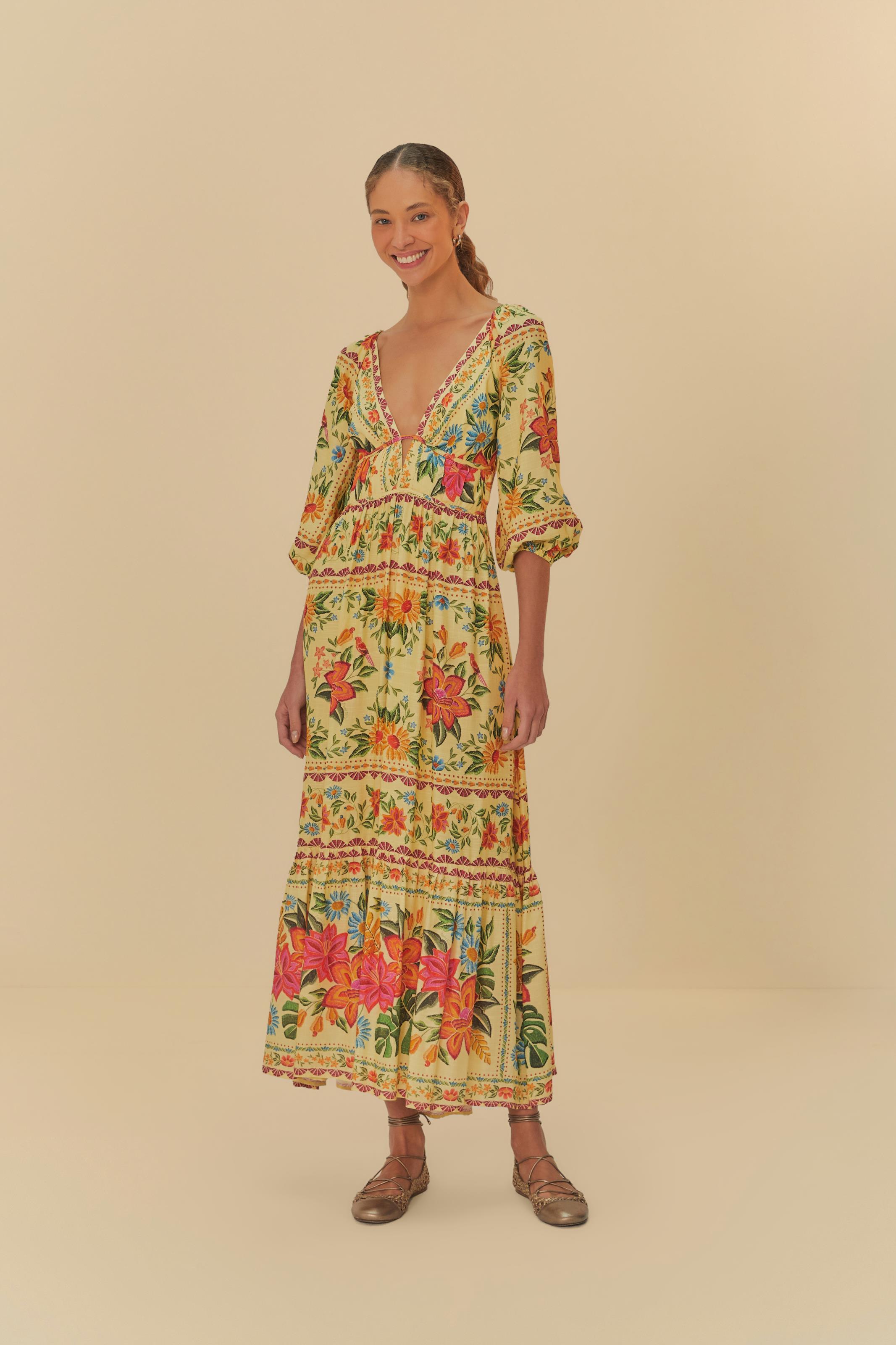 Vestido Longo Manga Estampado Delicadeza Em Flor