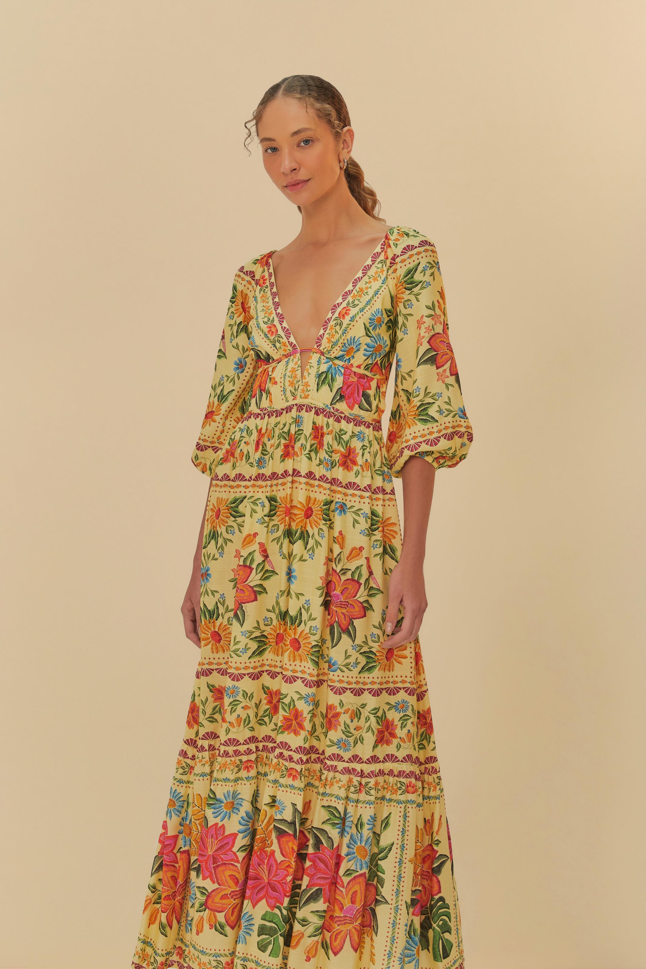 Vestido Longo Manga Estampado Delicadeza Em Flor