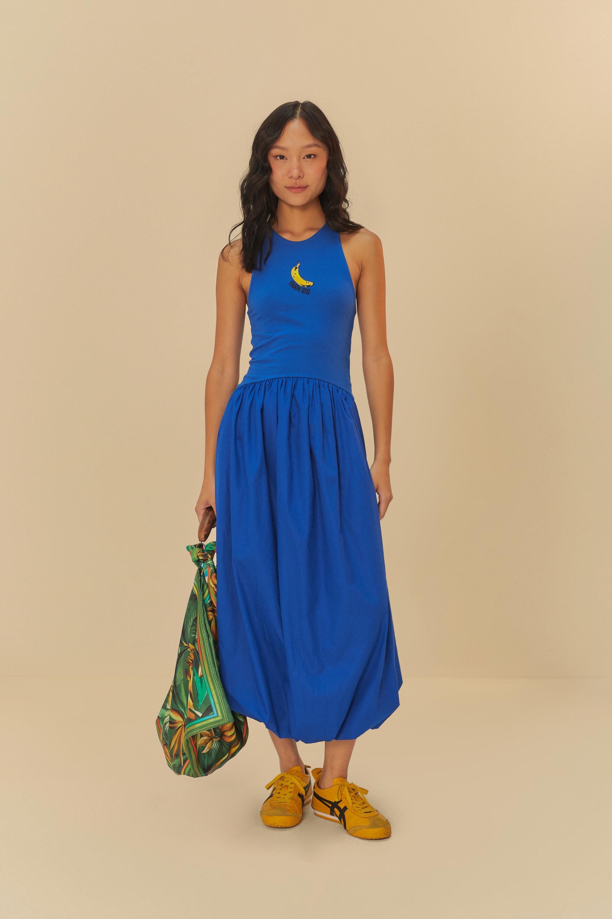 Vestido Balonê Bordado Azul