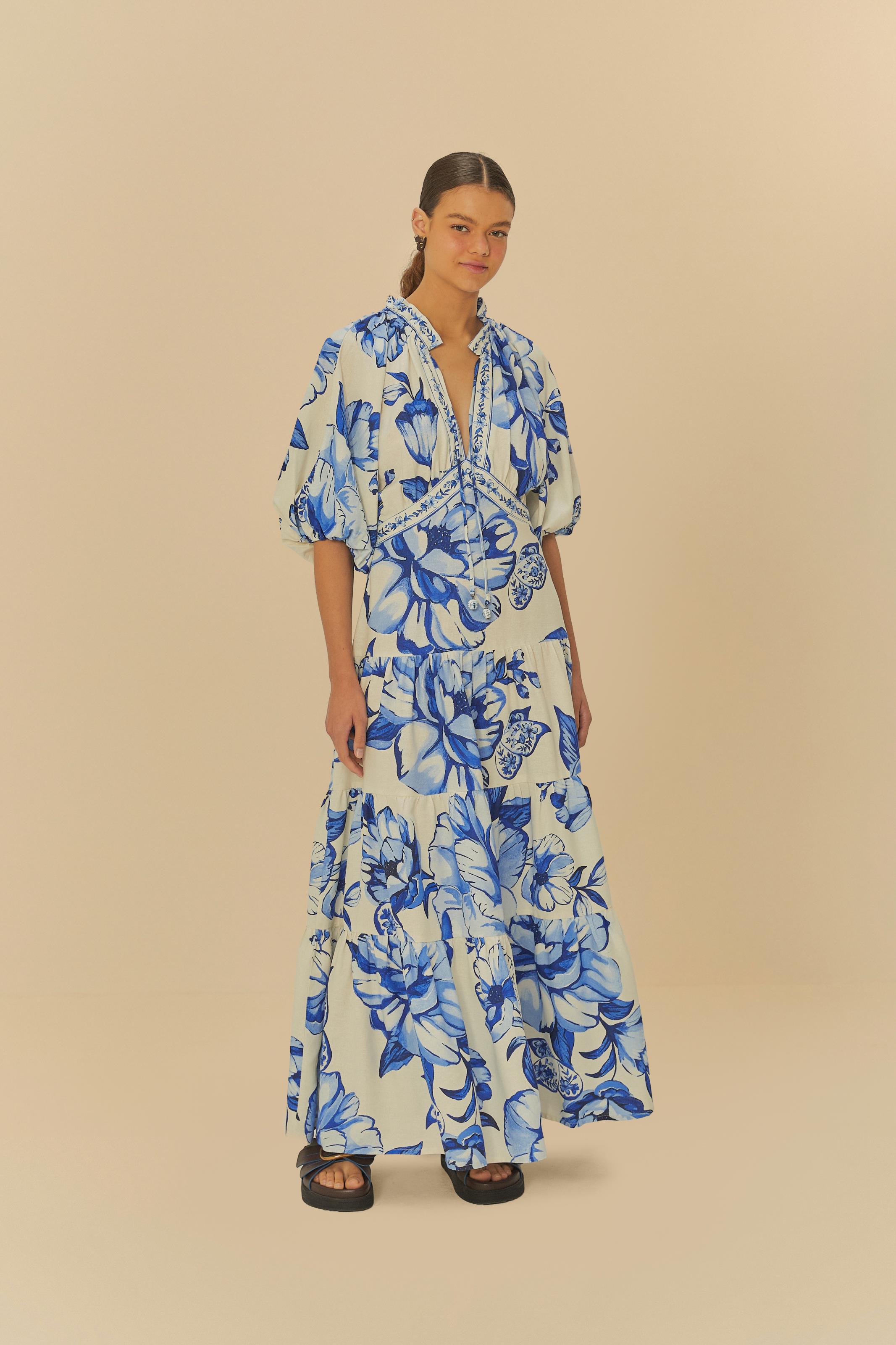 Vestido Longo Manga Chita Porcelana
